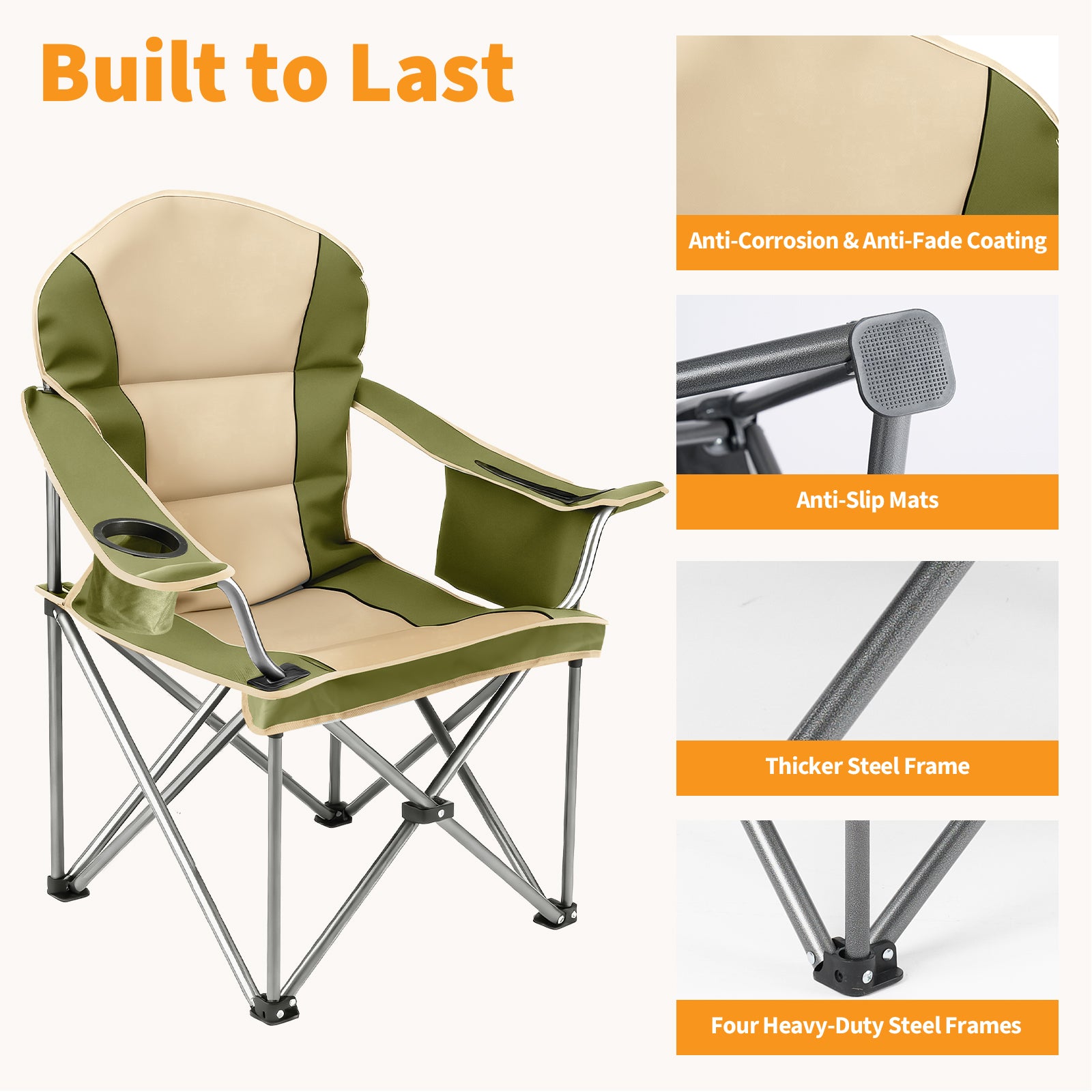 Oversized Padded Camping Chair with Cooler Bag and Cup Holder