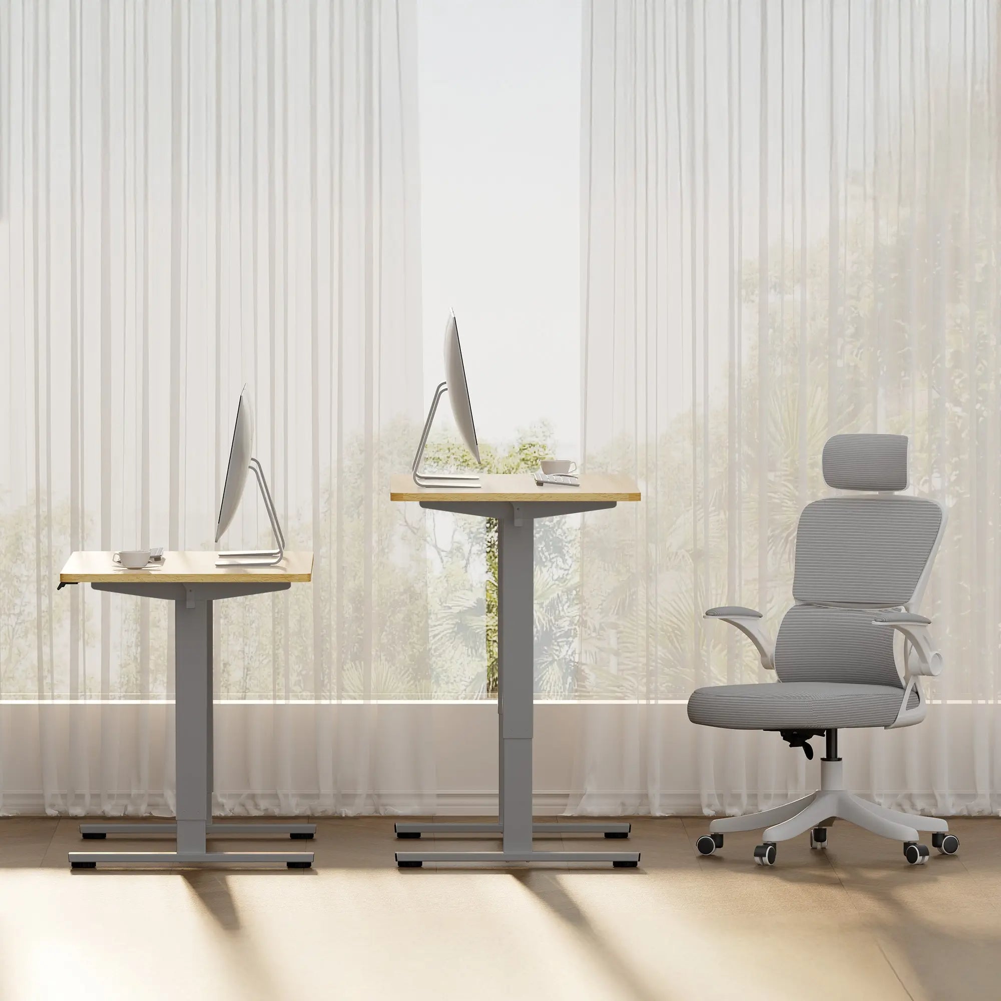 Electric Standing Desk Adjustable Height Maple Top Grey Frame
