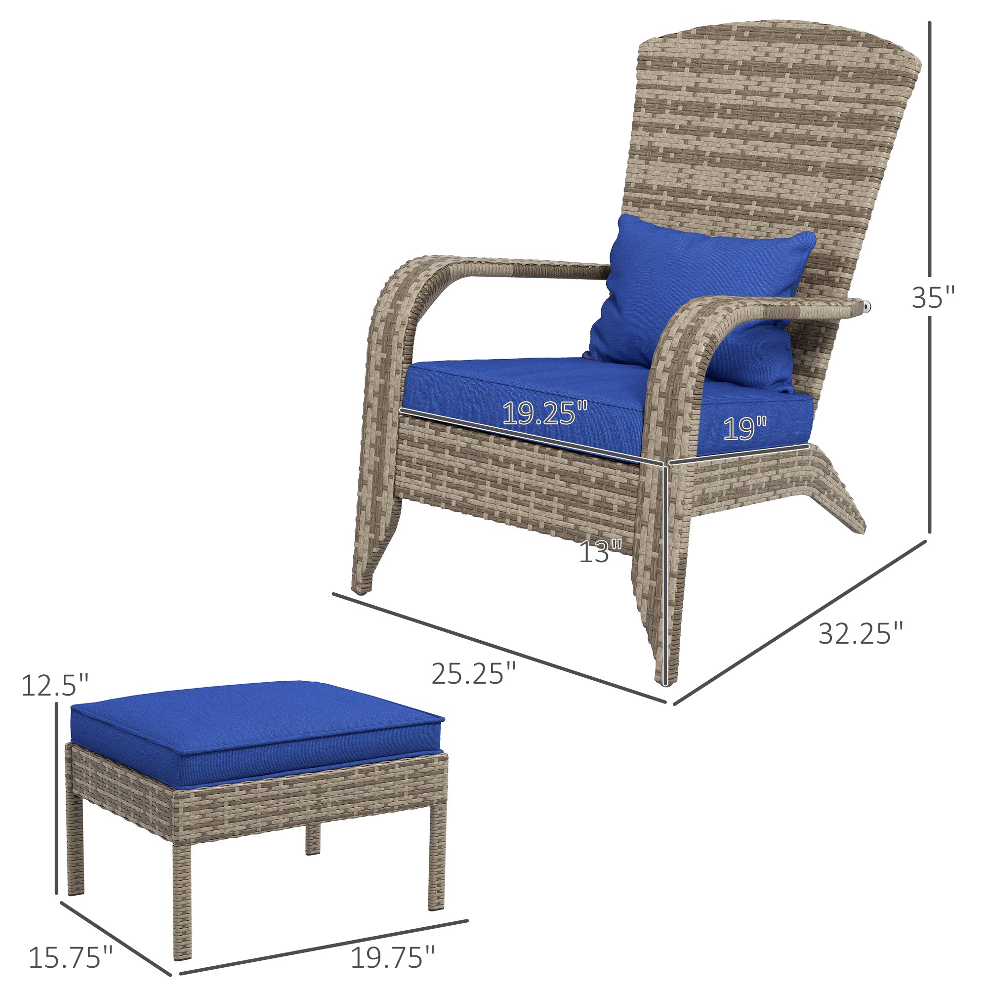 Wicker Adirondack Chair with Ottoman & Cushions, Blue