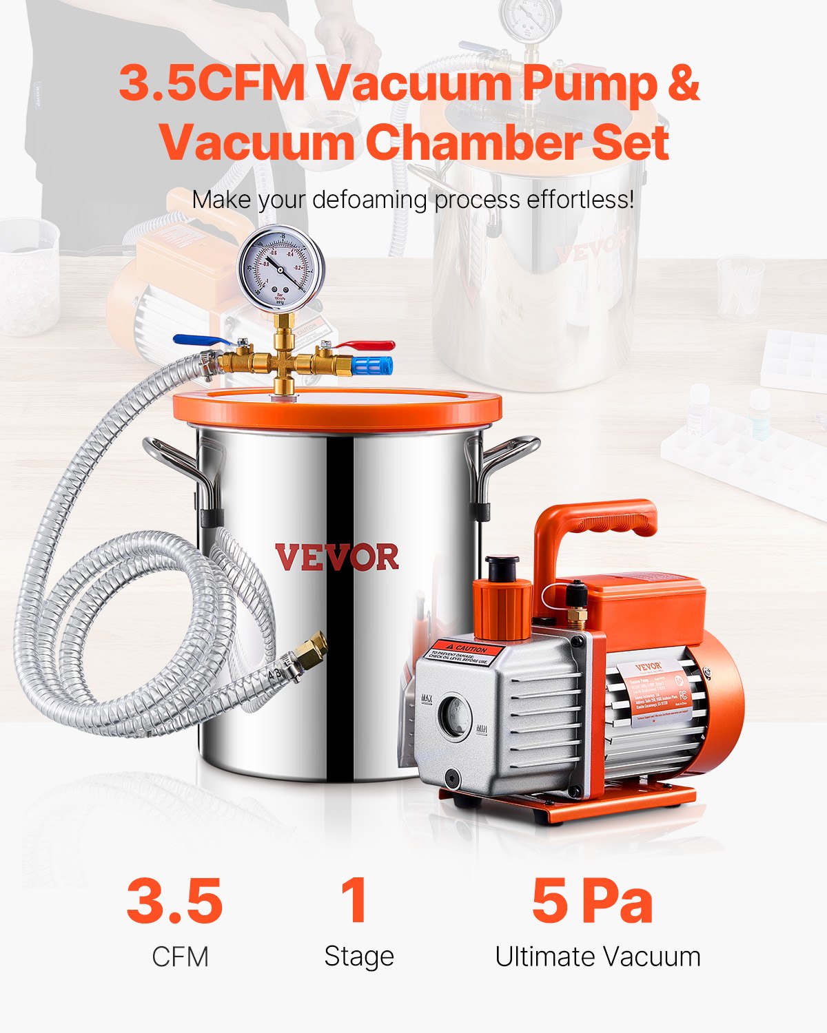 1.5 Gallon Vacuum Chamber with 3.5CFM Single Stage Pump