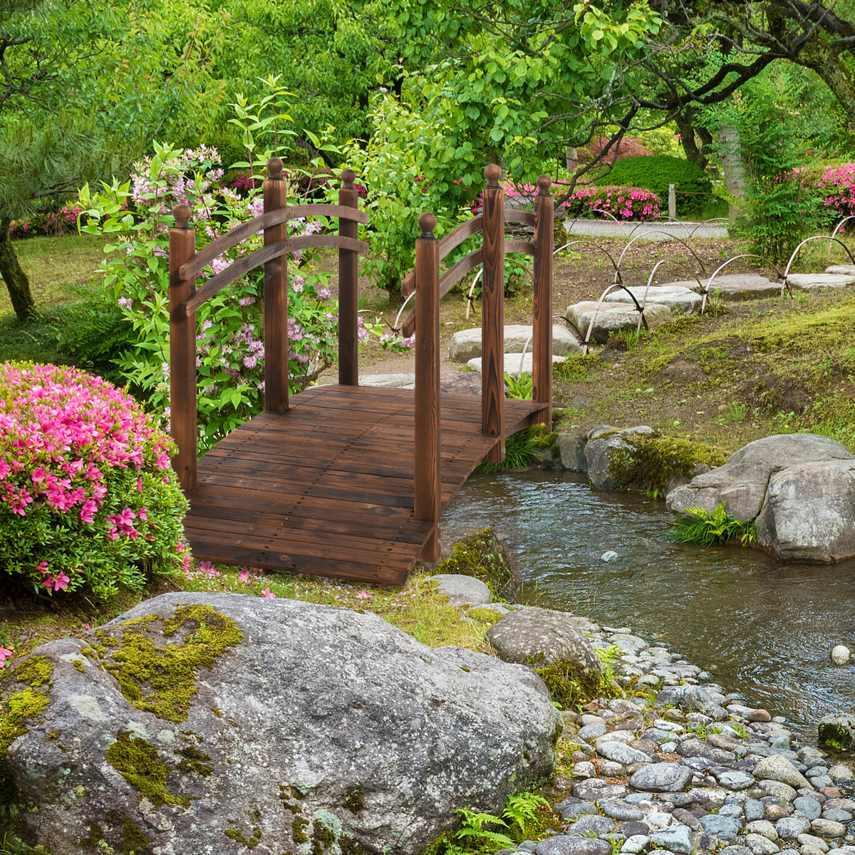 7.5ft Carbonized Fir Wood Garden Bridge with Side Railings