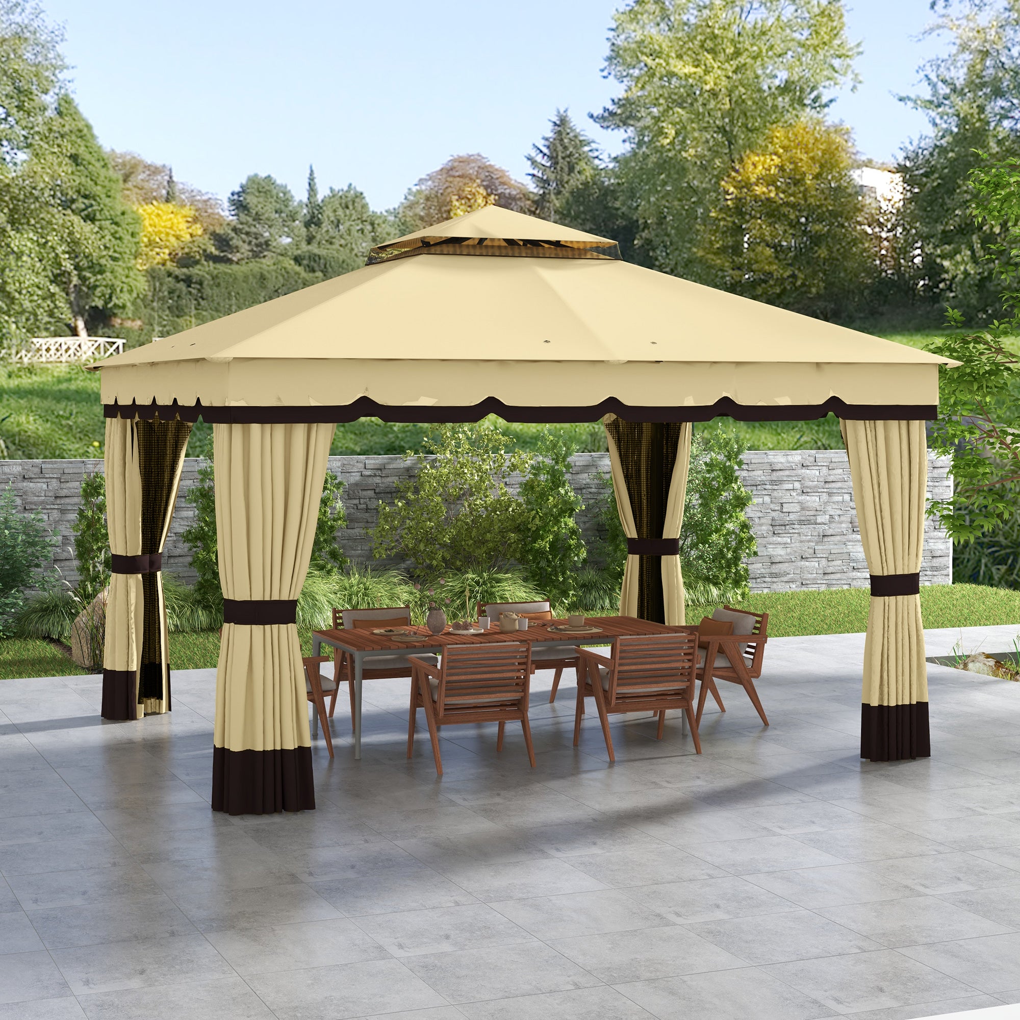 10 x 12 Double Roof Patio Gazebo with Netting & Curtains