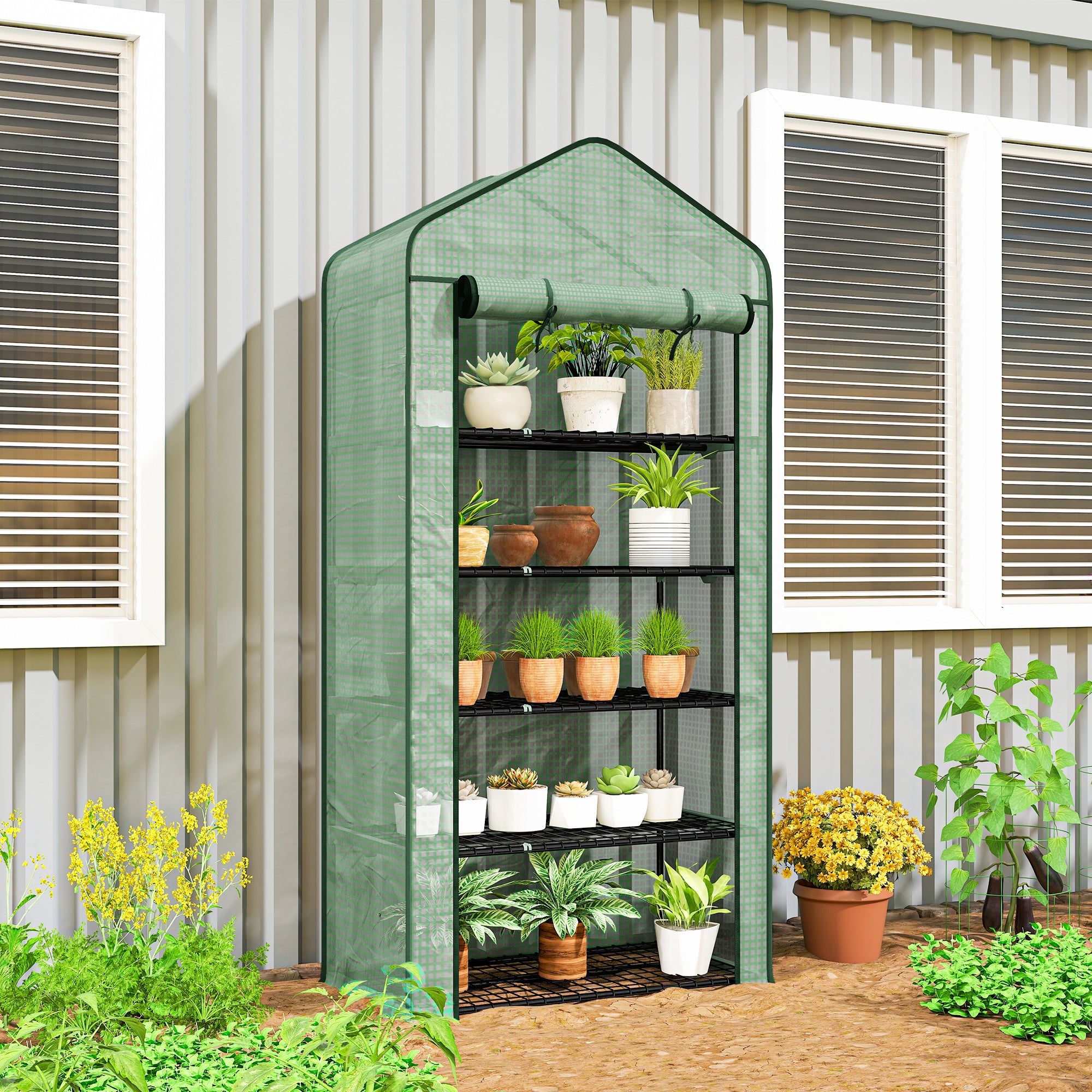 5 Tier Mini Greenhouse with PE Cover & Roll-Up Door