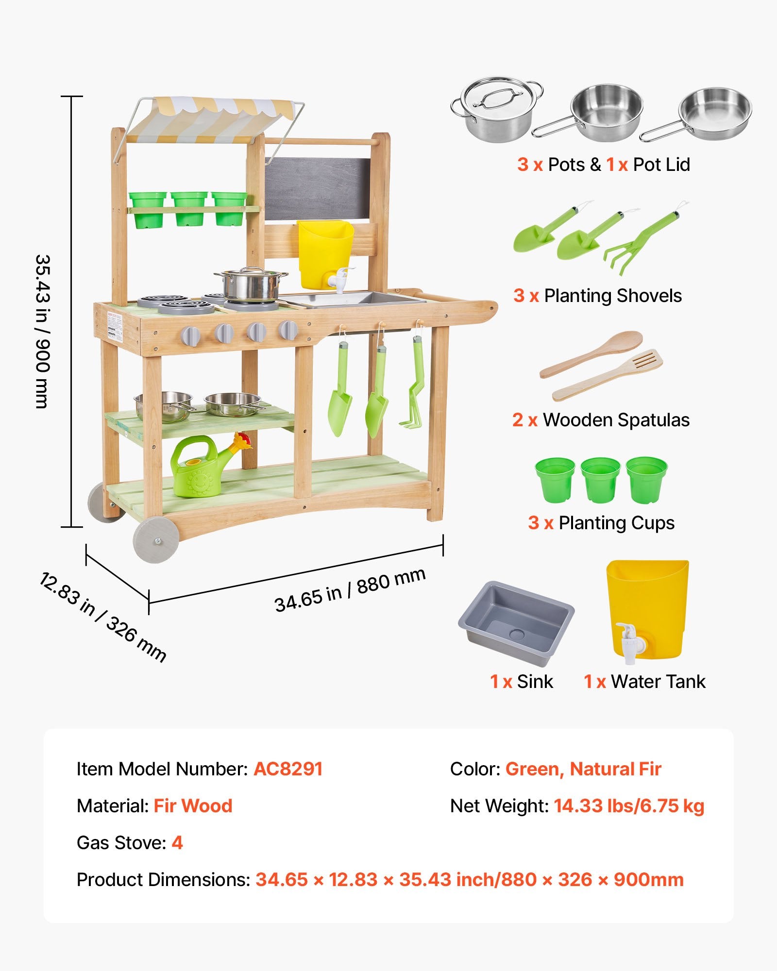 Wooden Outdoor Mud Kitchen with Canopy & Wheels