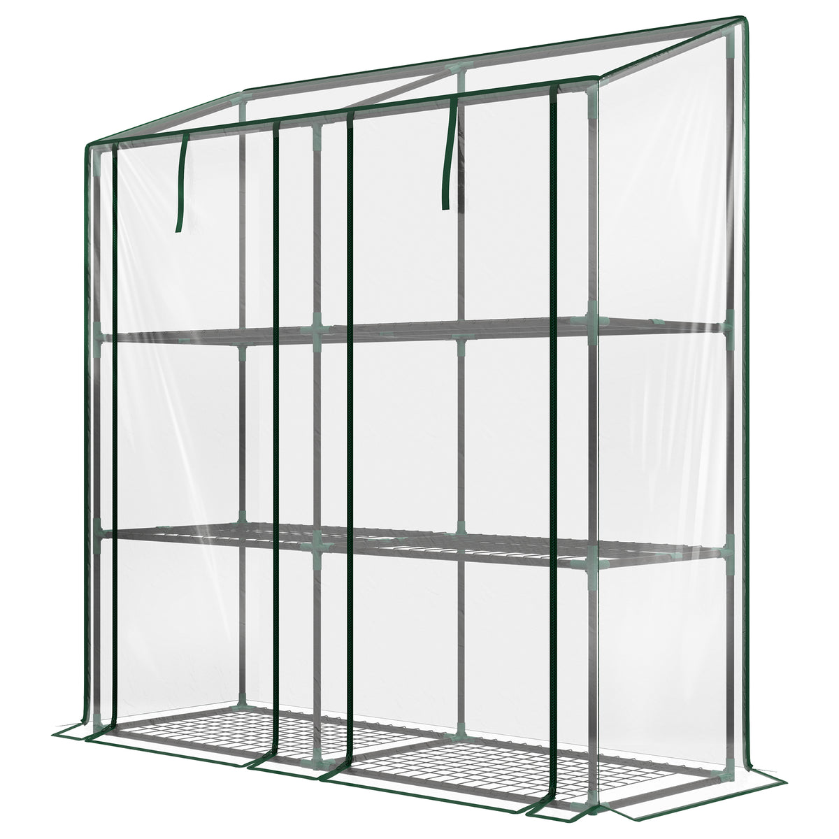 Lean-to Greenhouse with 3-Tier Shelves and Roll-Up Doors