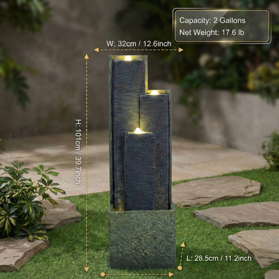 39 Inch Outdoor Cascading Water Fountain With LED Lights