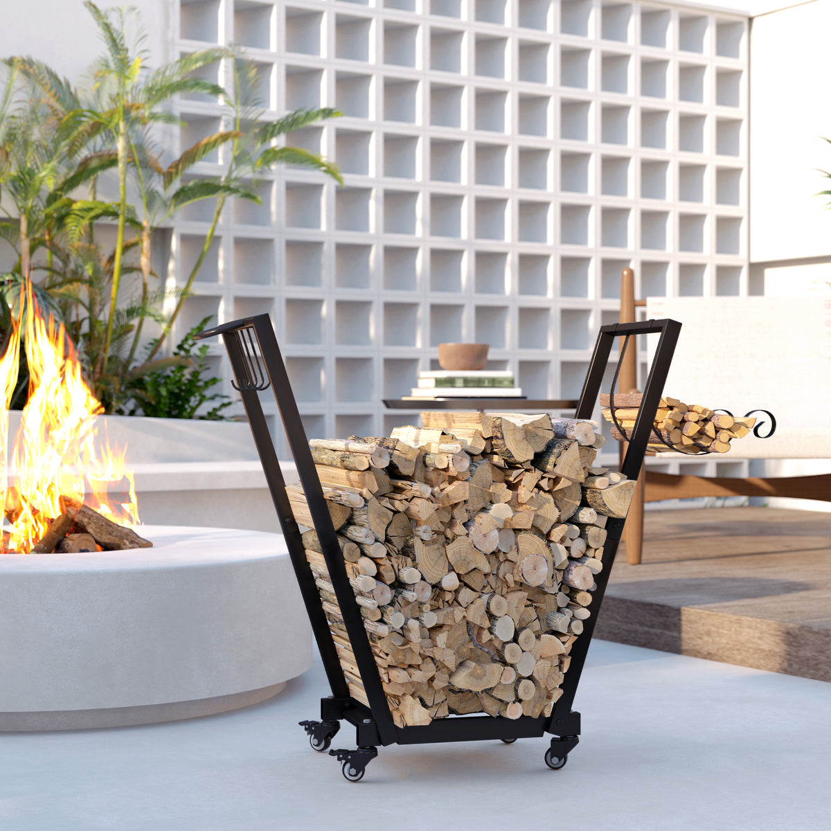 Metal Firewood Rack with Wheels and Tool Hooks