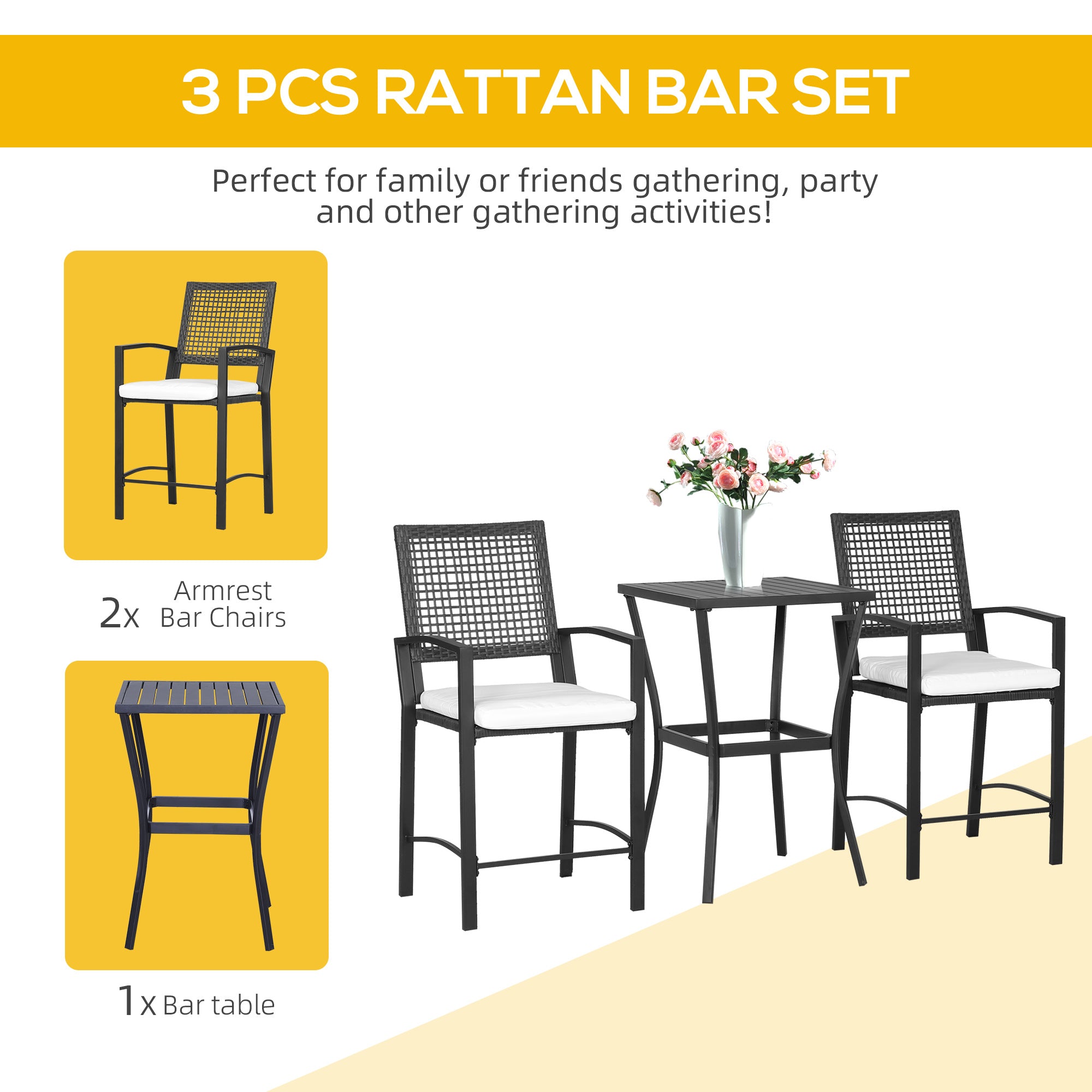 3-Piece Rattan Wicker Patio Bar Set with Cushions