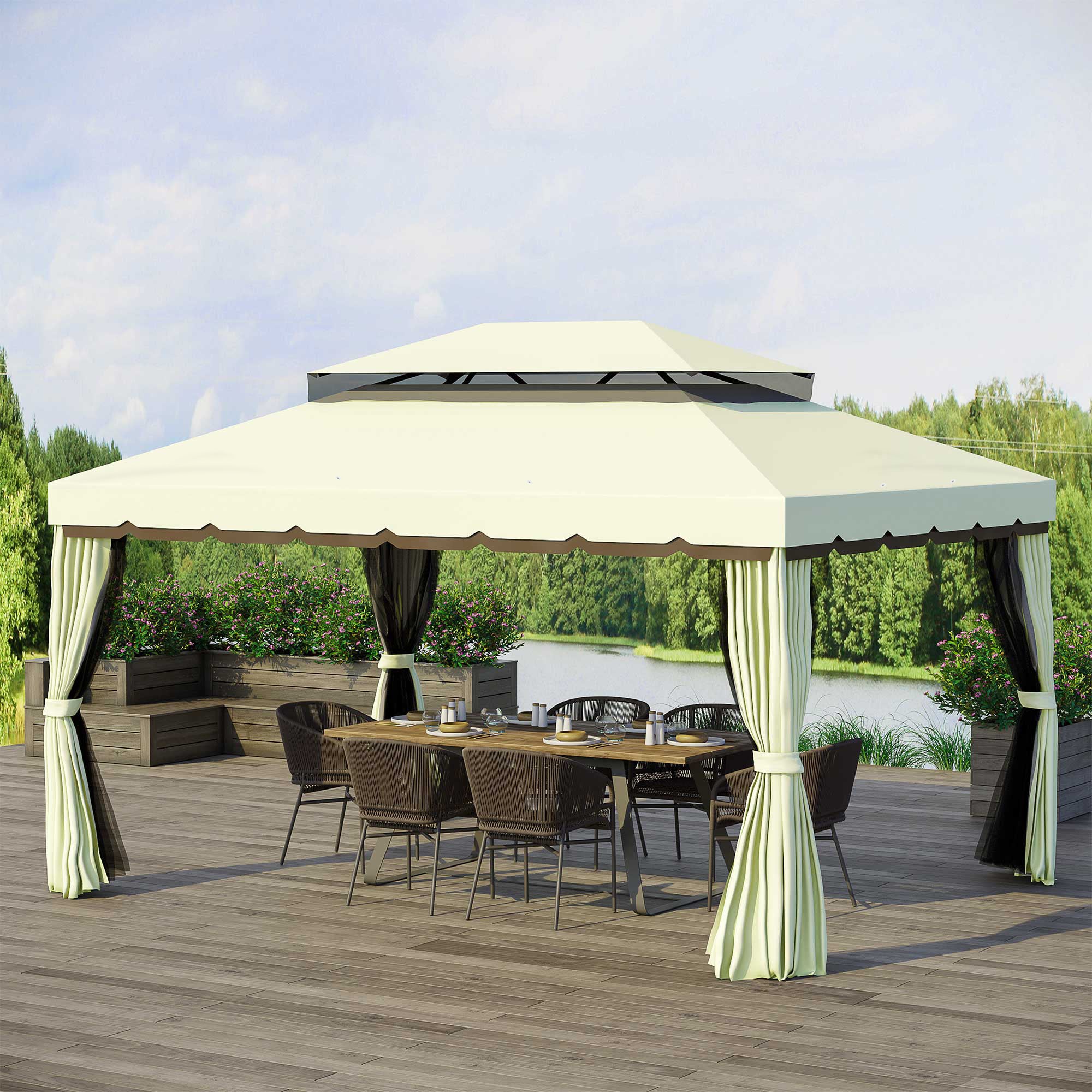 10 x 13 Aluminum Patio Gazebo with Double Roof, Netting & Curtains