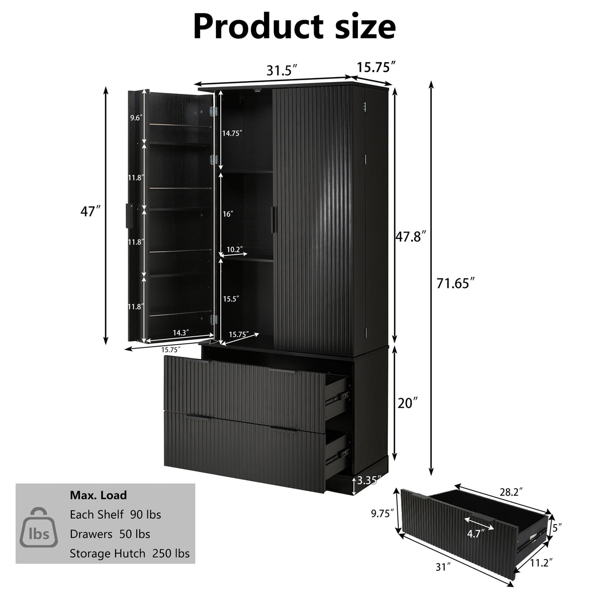 72" Modern Fluted Kitchen Pantry Cabinet With 2 Large Drawers &