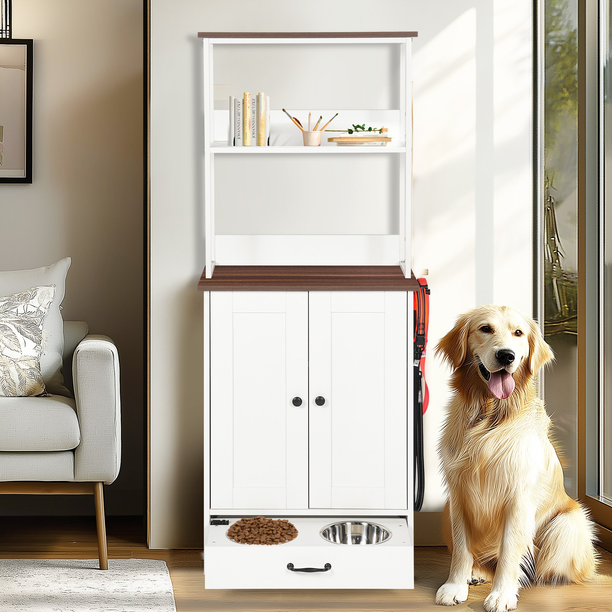 Adjustable Pet Feeding Station with Storage & 2-Level Shelving