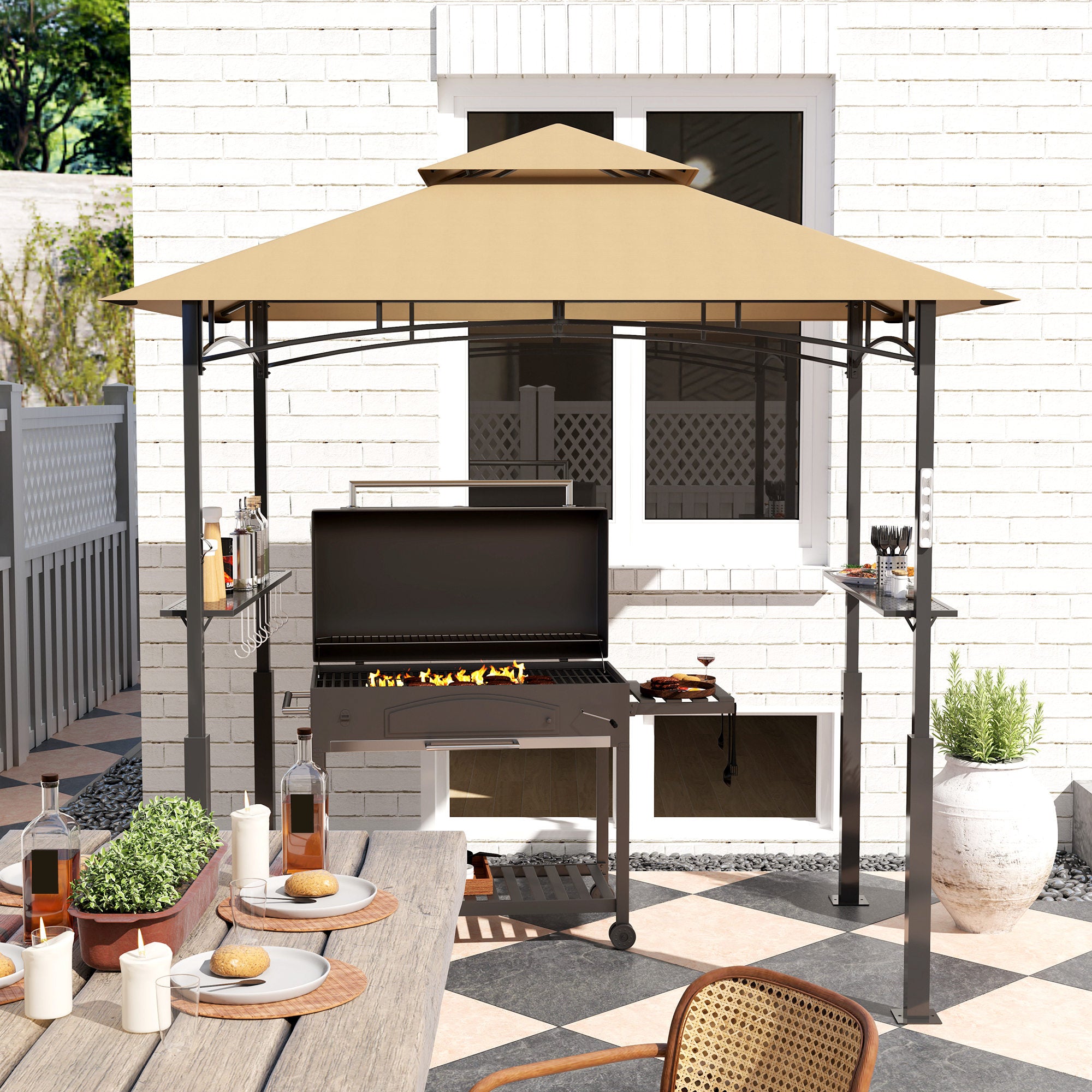8x5 Outdoor Grill Gazebo with LED Lights and Shelves