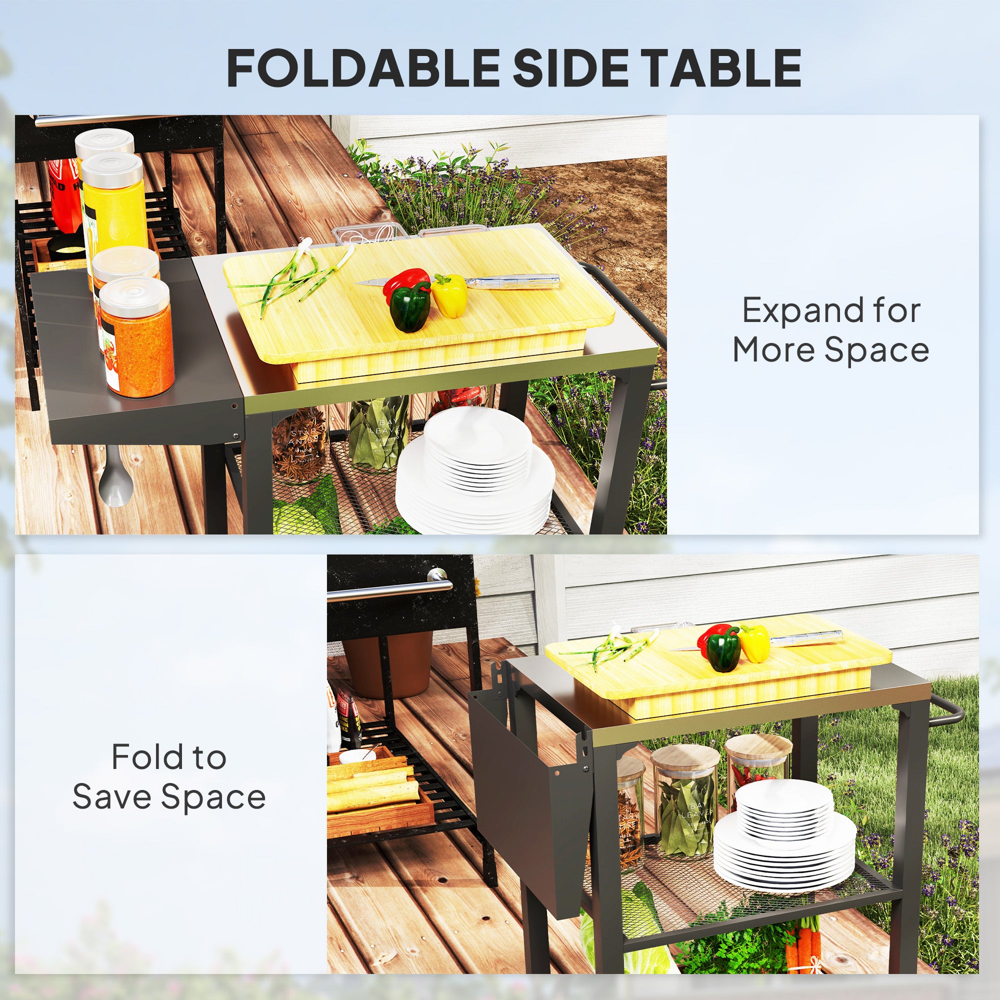 Three-Shelf Stainless Steel Outdoor Grill Cart with Foldable Side Table