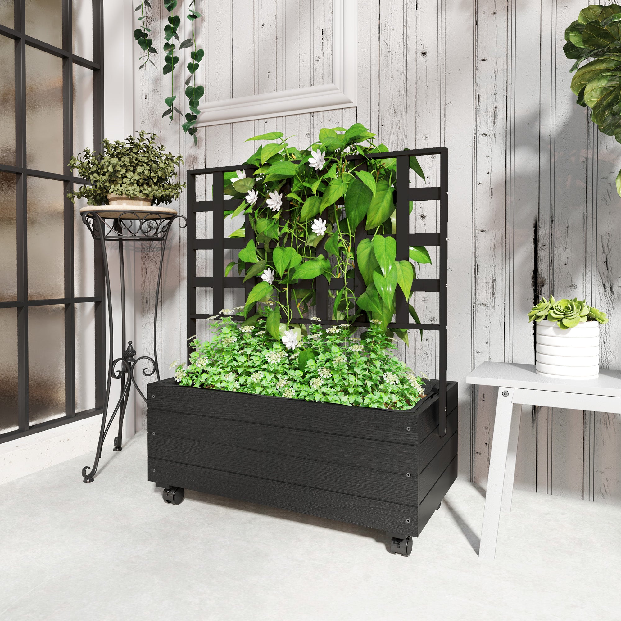 Wooden Raised Garden Bed with Trellis and Wheels