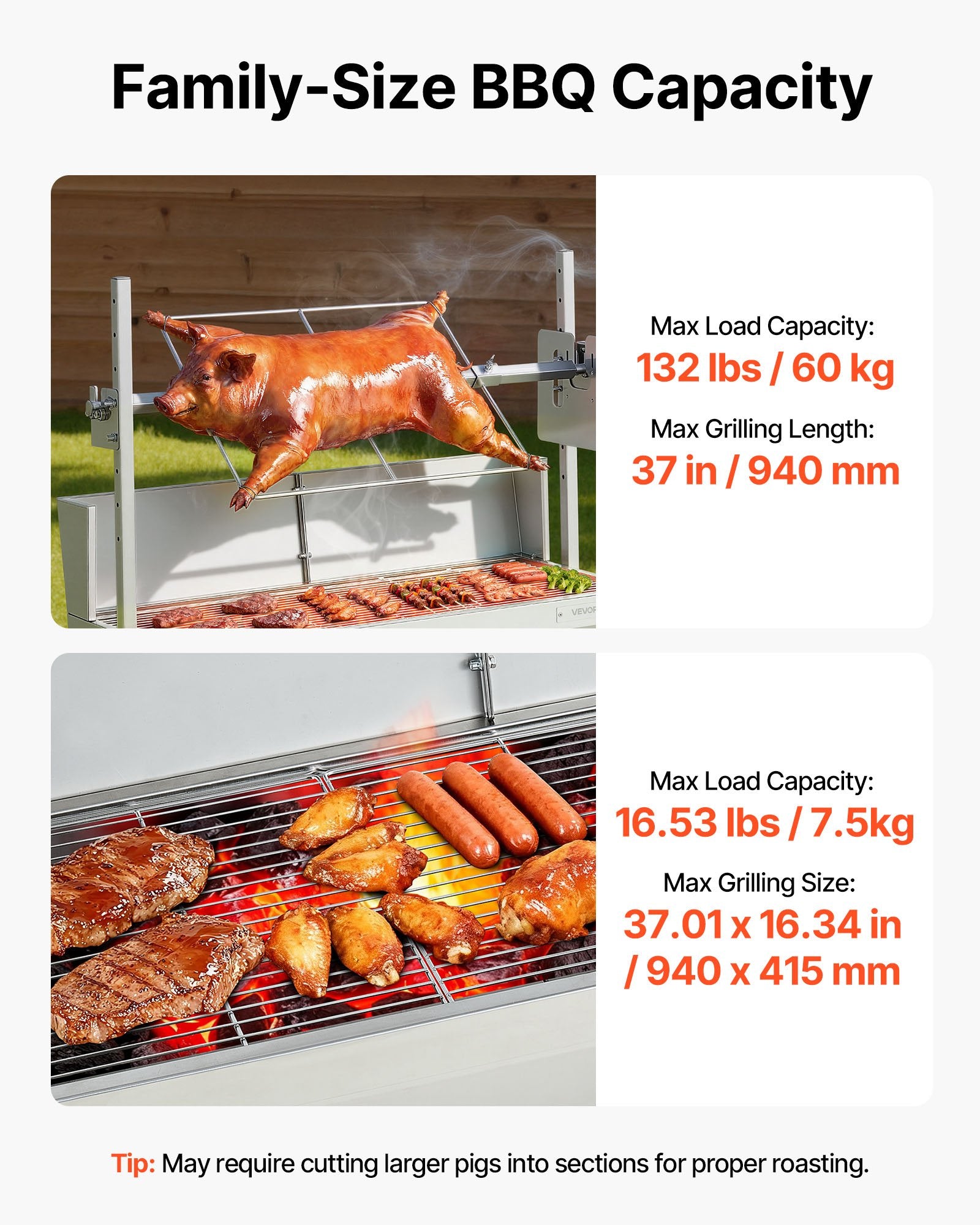 38W Rotisserie Grill, 132 LBS Capacity Spit Roaster