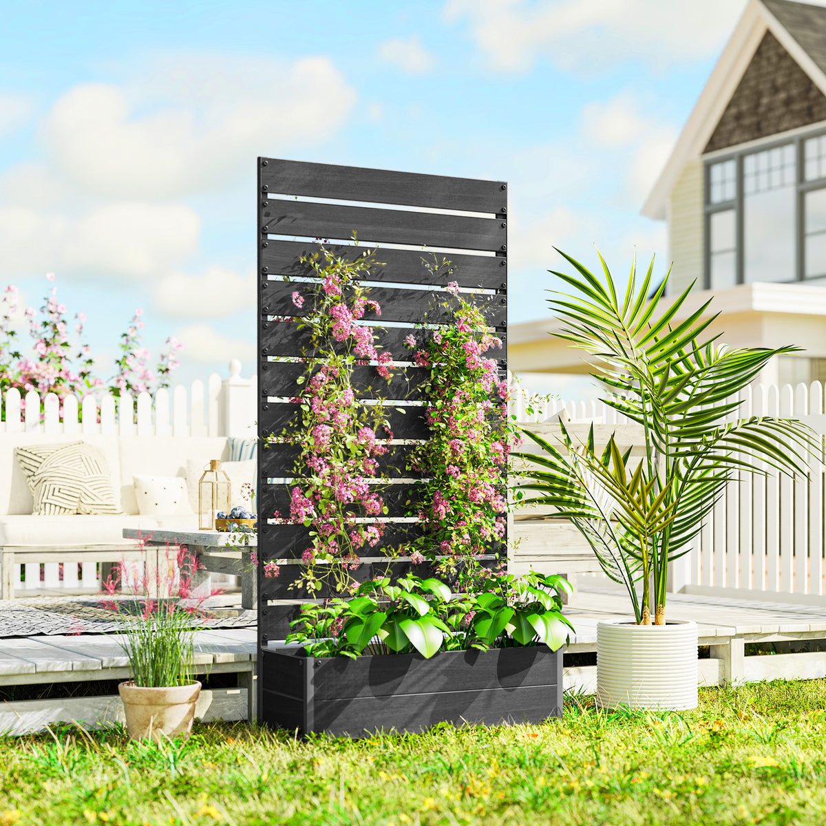 Raised Garden Bed Planter Box with Trellis, Black
