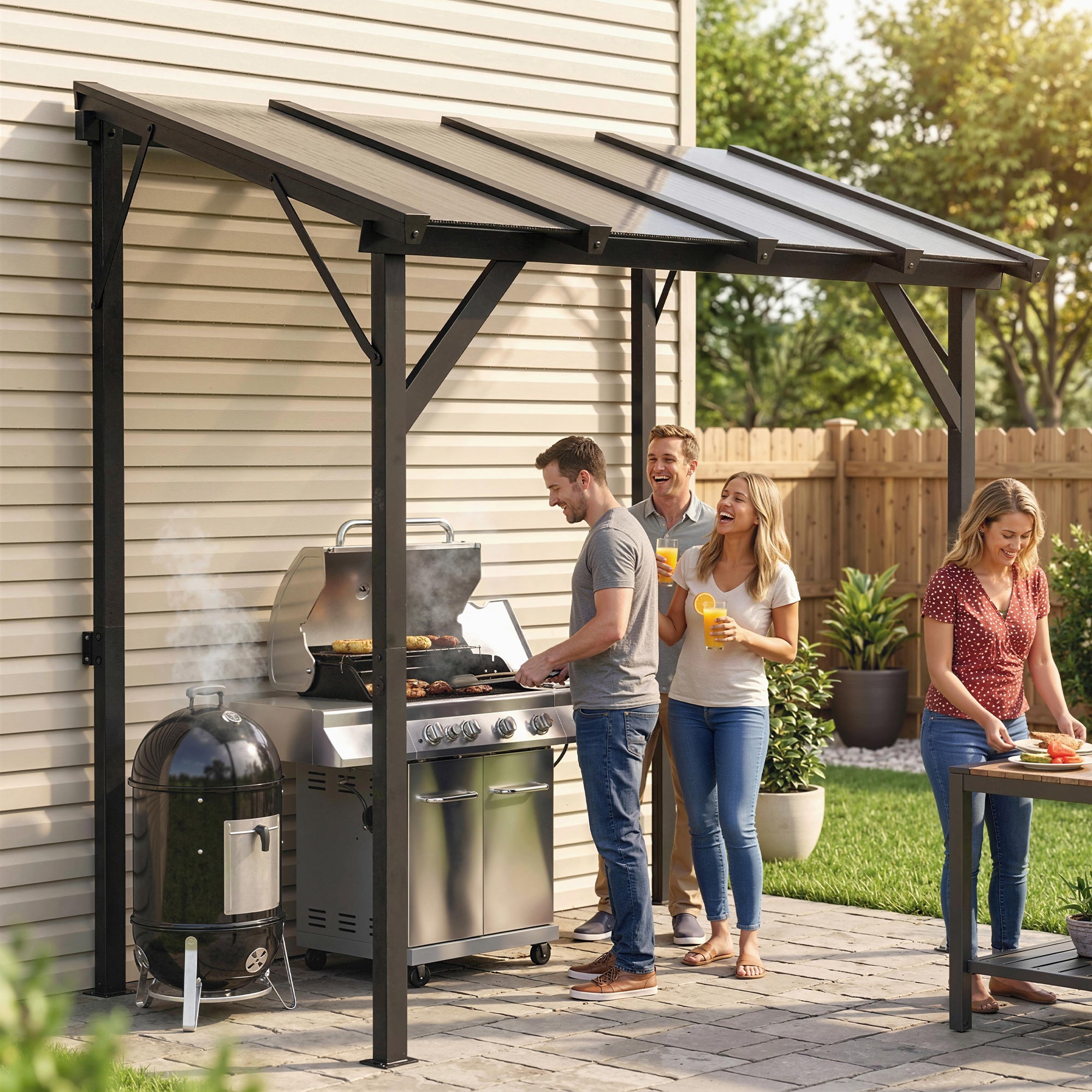 Hardtop Lean-to BBQ Gazebo with Polycarbonate Roof