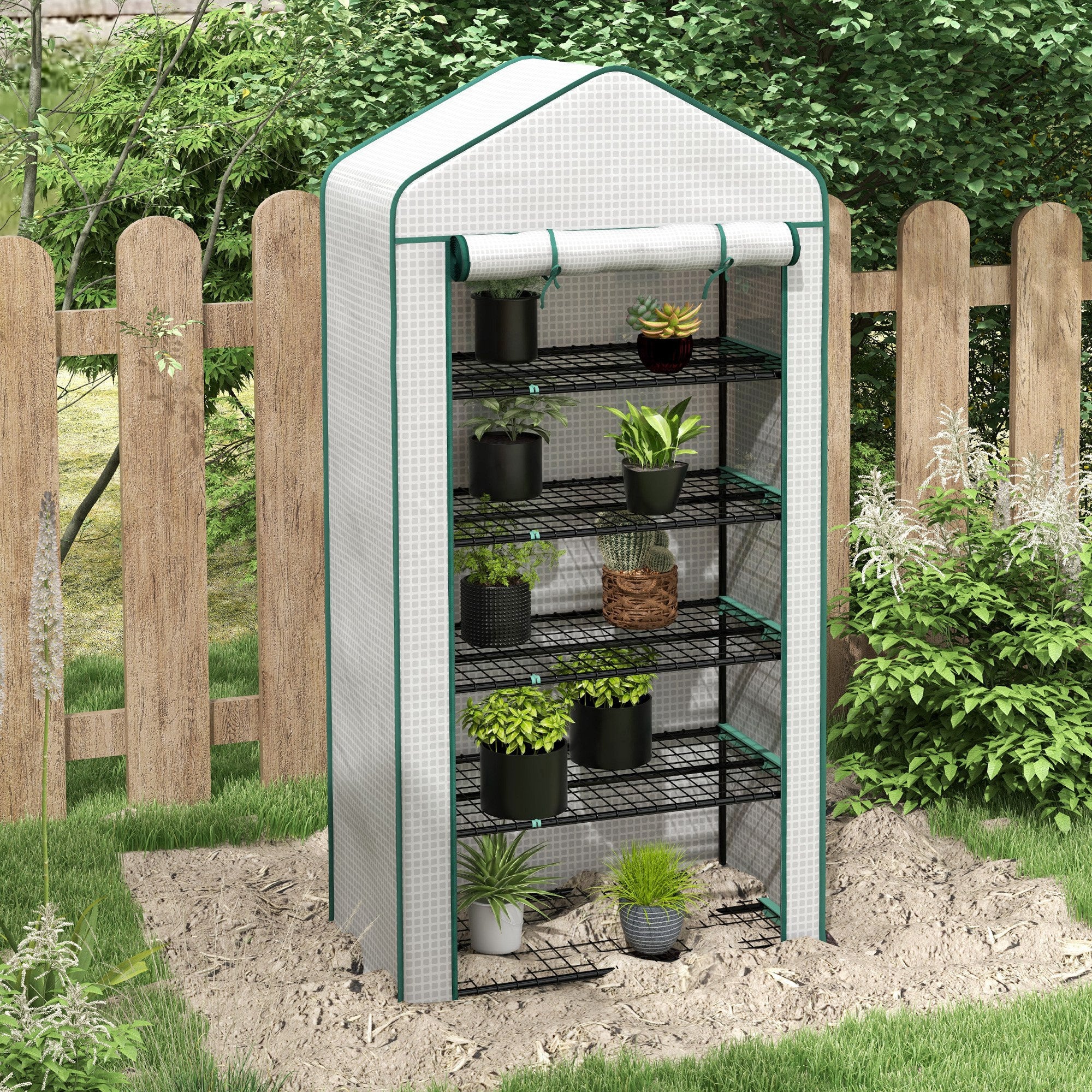 5 Tier Mini Greenhouse with PE Cover & Roll-Up Door, 76x35.4x19.3"