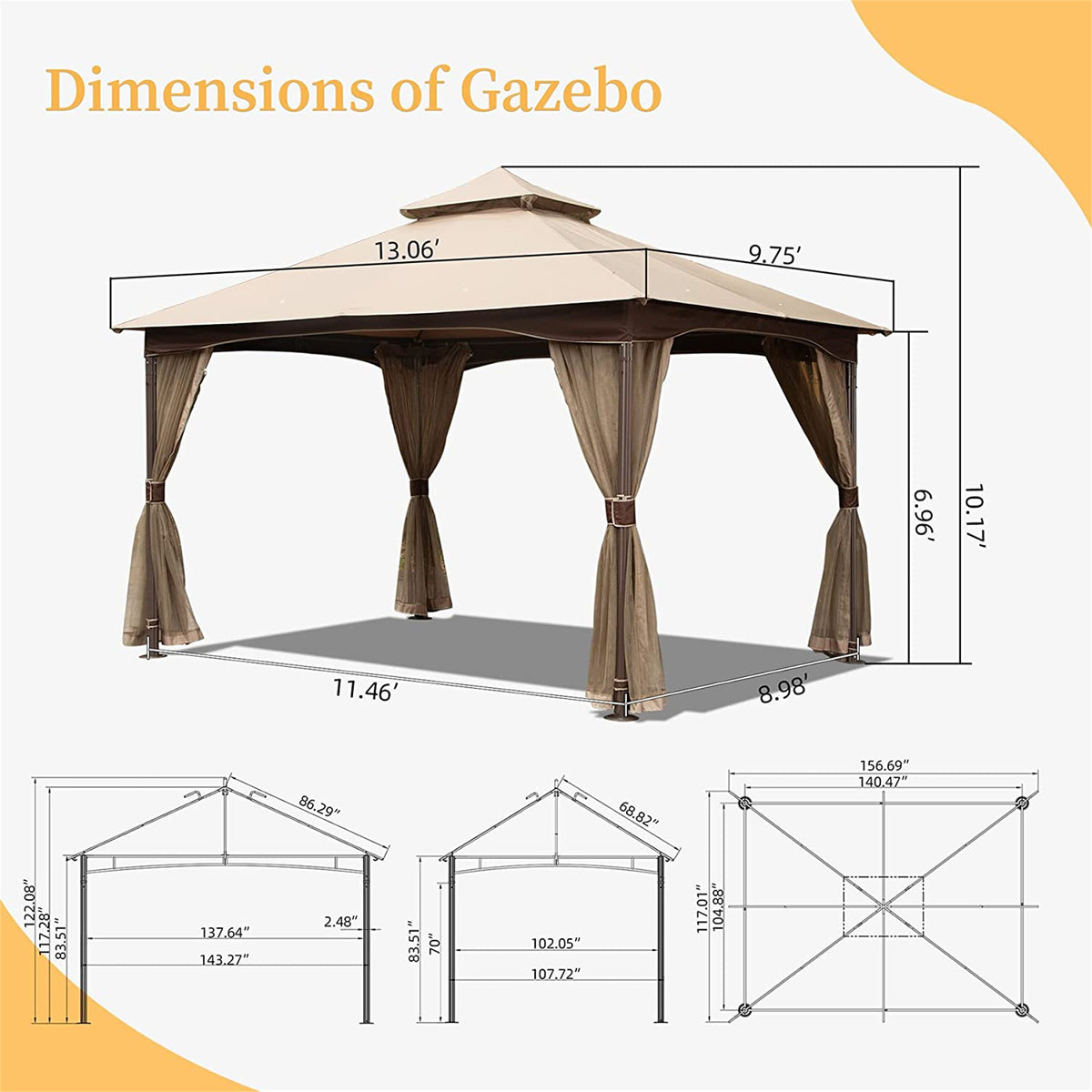 10x13 Metal Gazebo with Mosquito Netting Double Roof Khaki