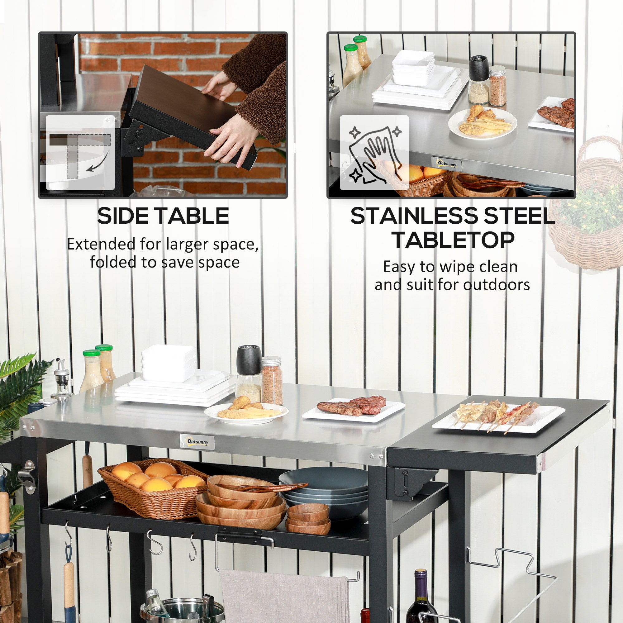 3-Shelf Stainless Steel Grill Cart with Foldable Side Table