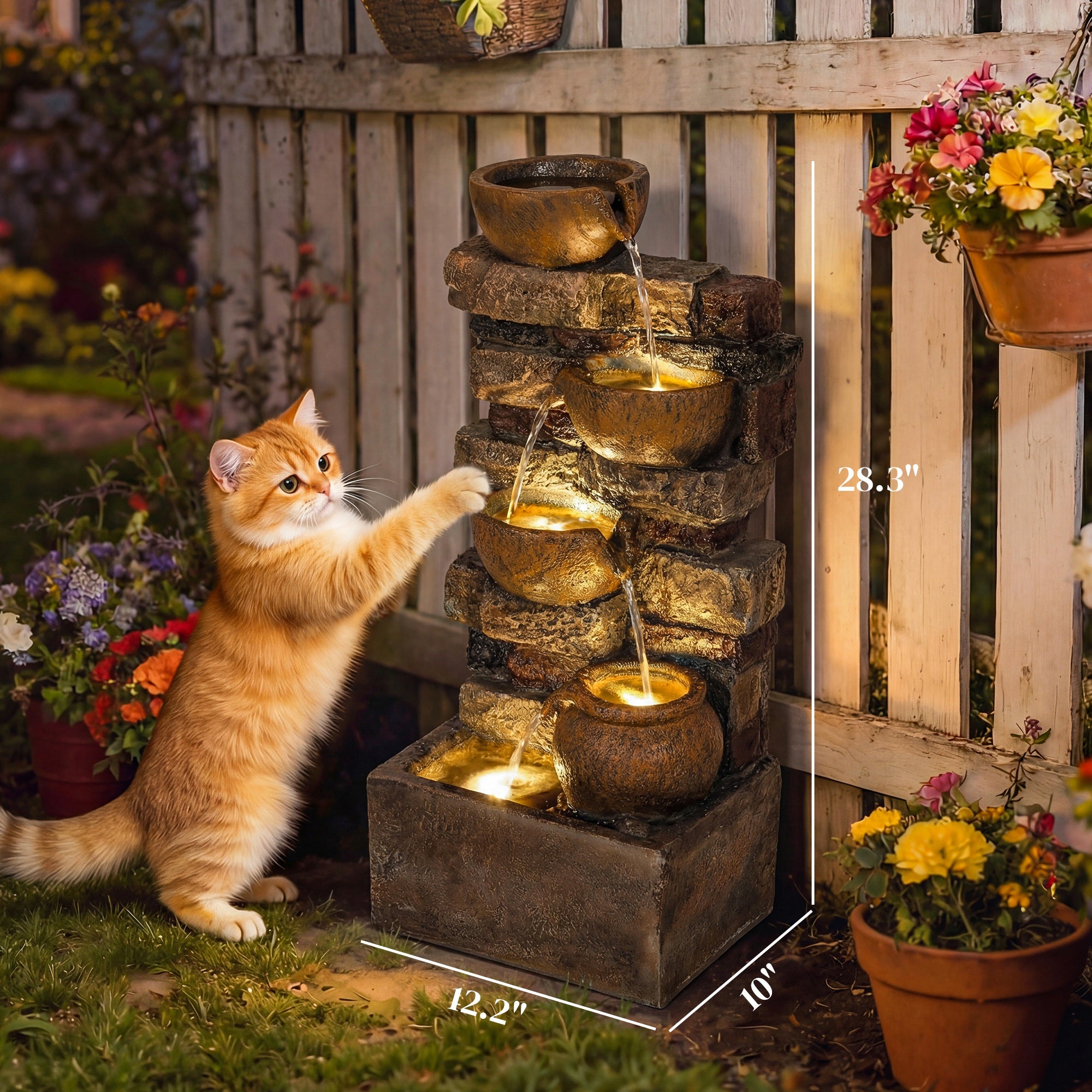 28" Outdoor Fountain 5-Tier Rustic Jugs Cascading Waterfall