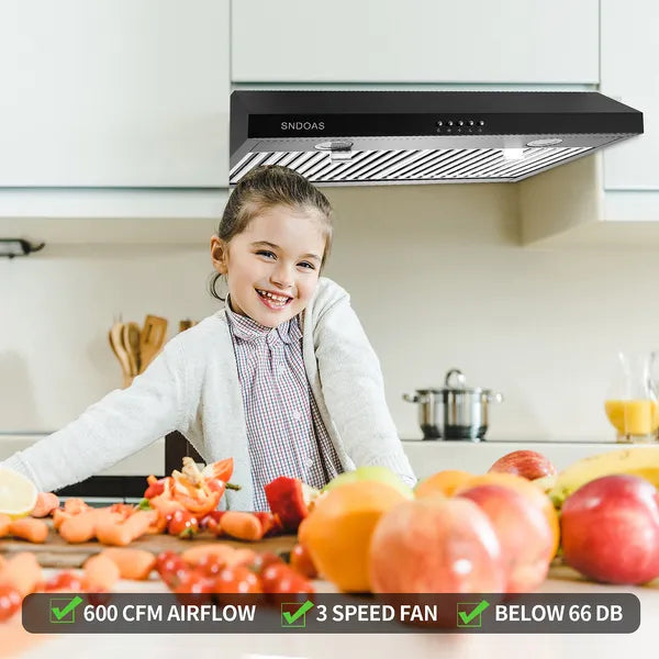 30 Inch Under Cabinet Range Hood 3-Speed 600CFM LED