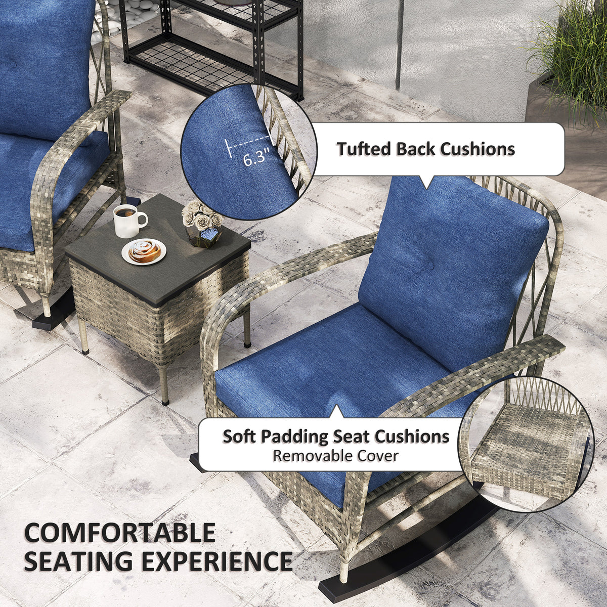 3-Piece PE Rattan Patio Set with Rocking Chairs & Coffee Table