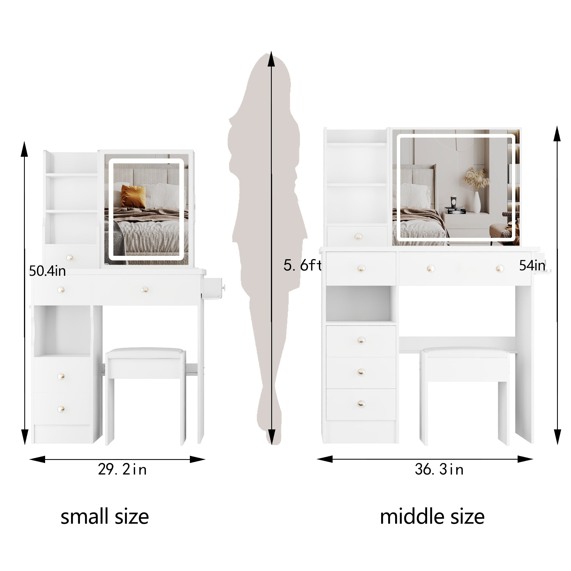 Small Drawer Desktop Vanity Table with LED Mirror and Stool