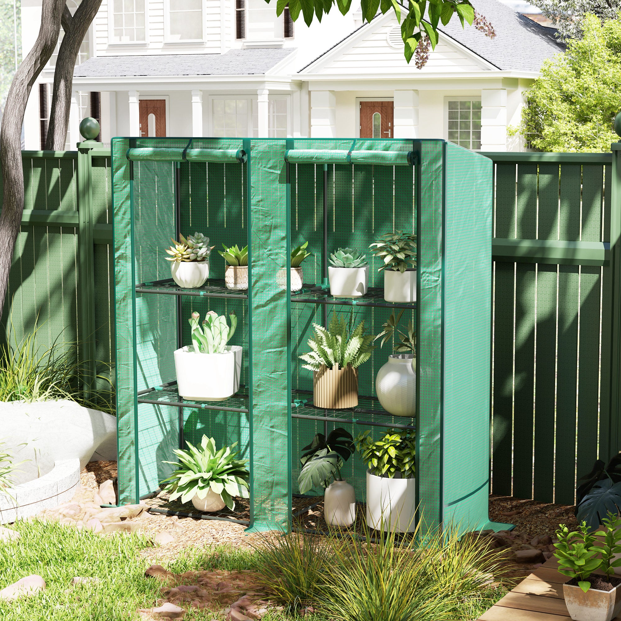 Lean-to Greenhouse with 3-Tier Shelves and Roll-Up Doors