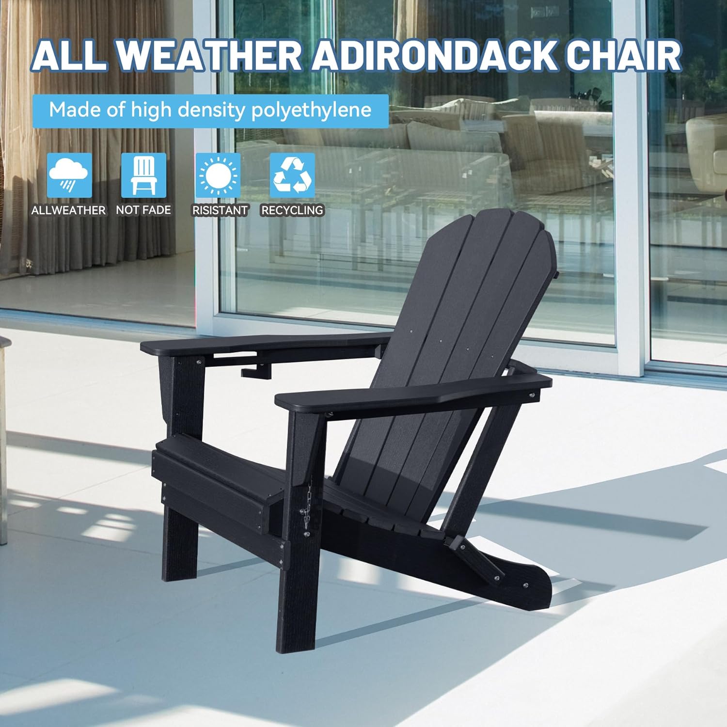 HDPE Folding Adirondack Chair with Cup Holder - Black