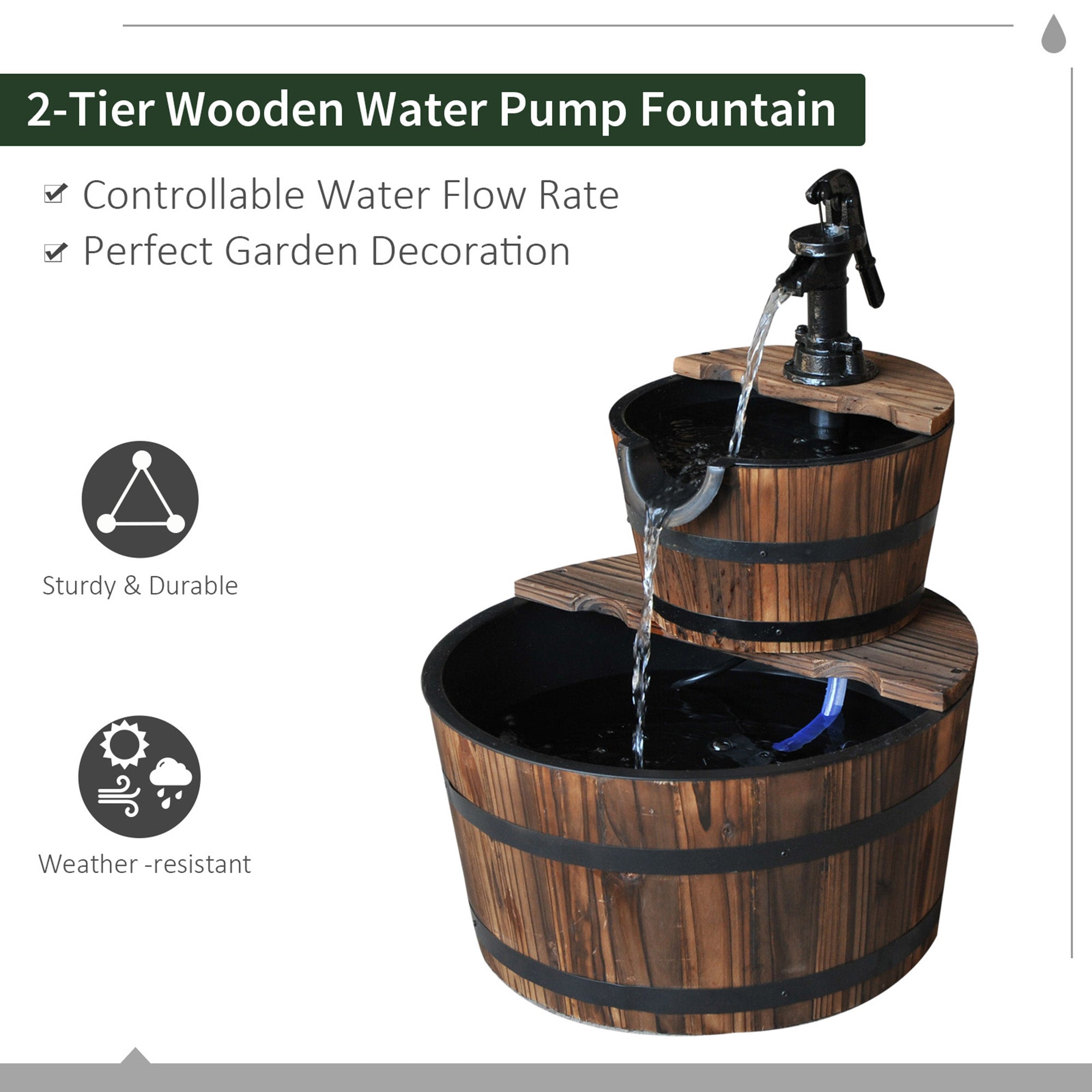 Wood 2-Tier Waterfall Barrel Fountain with Electric Pump