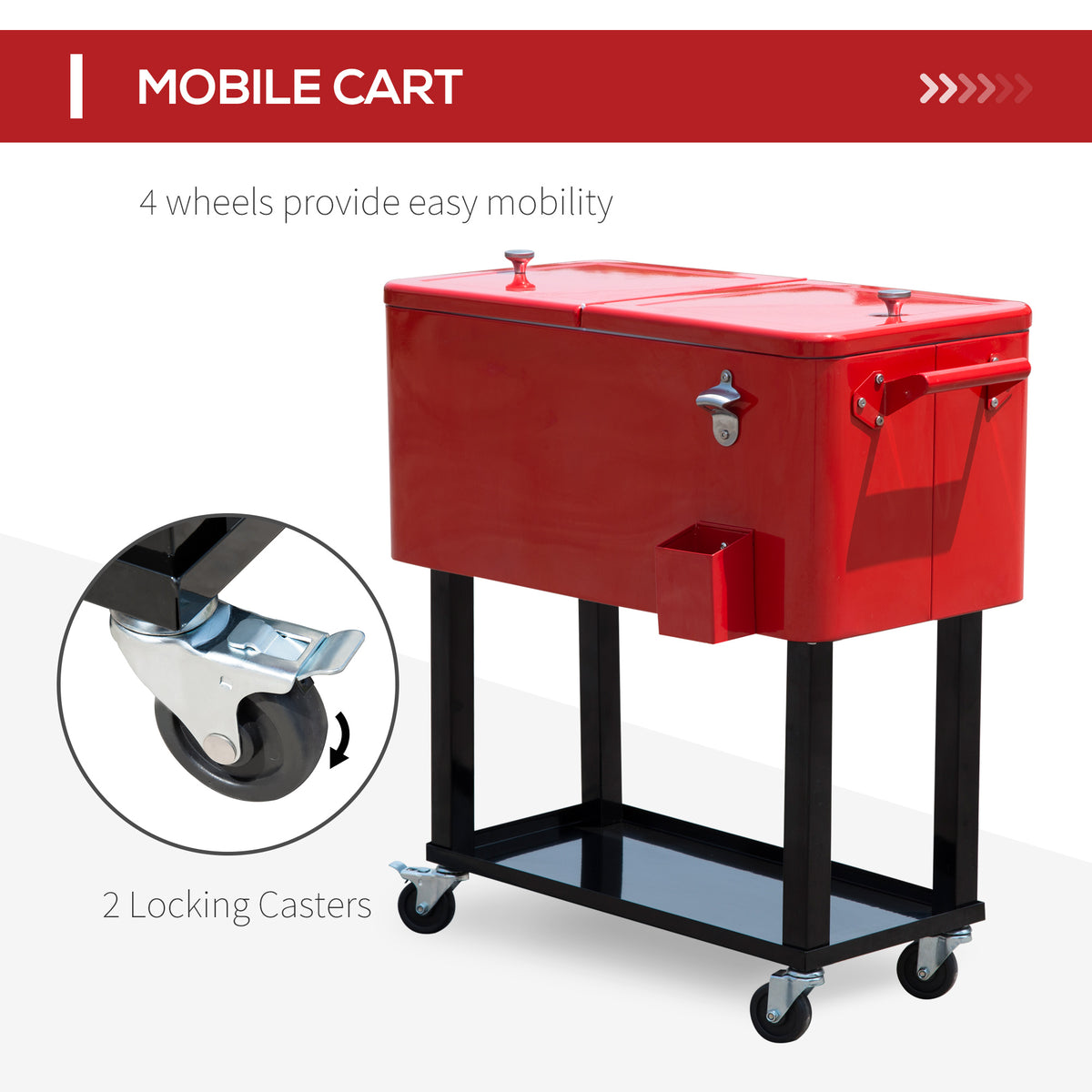 80 QT Rolling Cooler Cart with Wheels Ice Chest Red