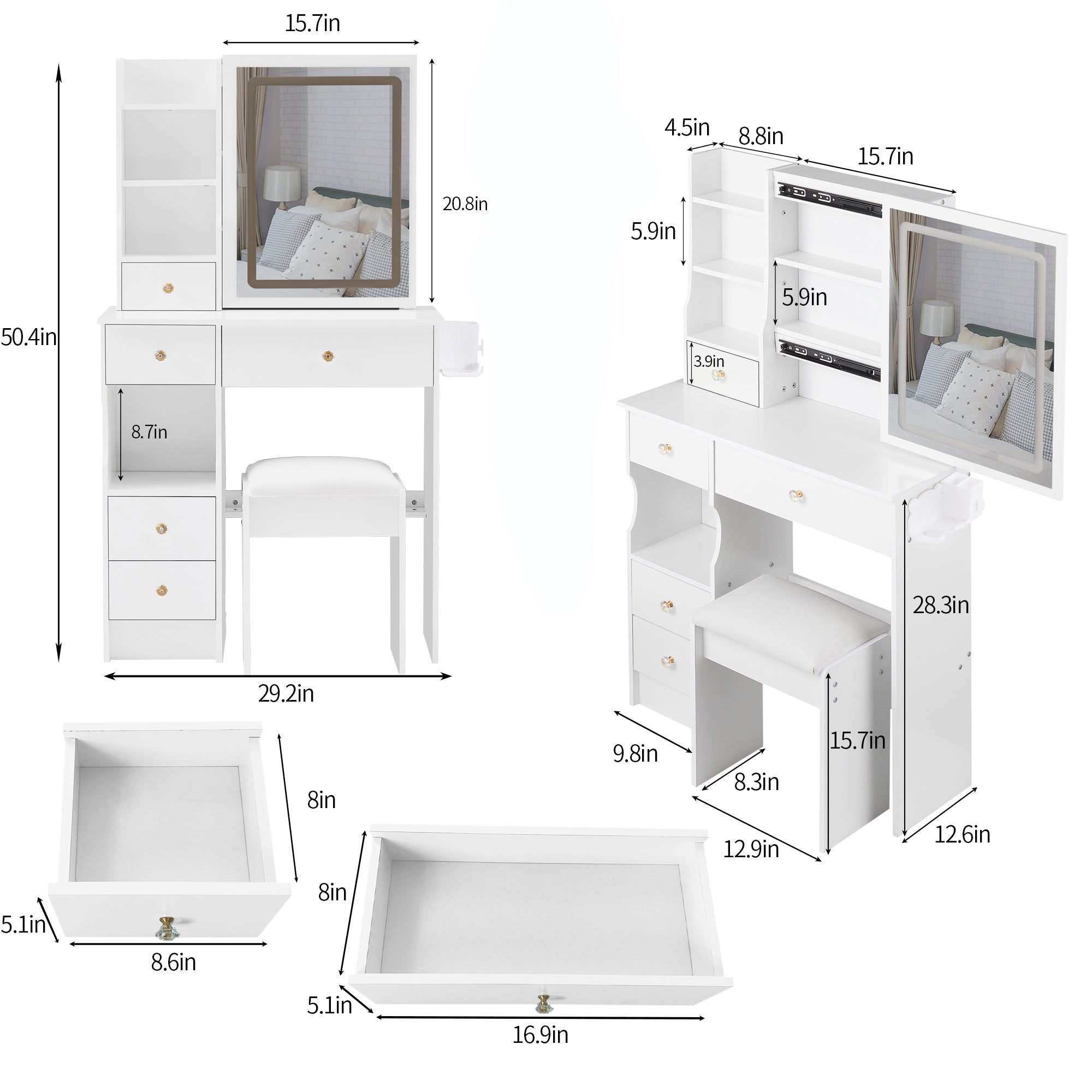 Small Drawer Desktop Vanity Table with LED Mirror and Stool