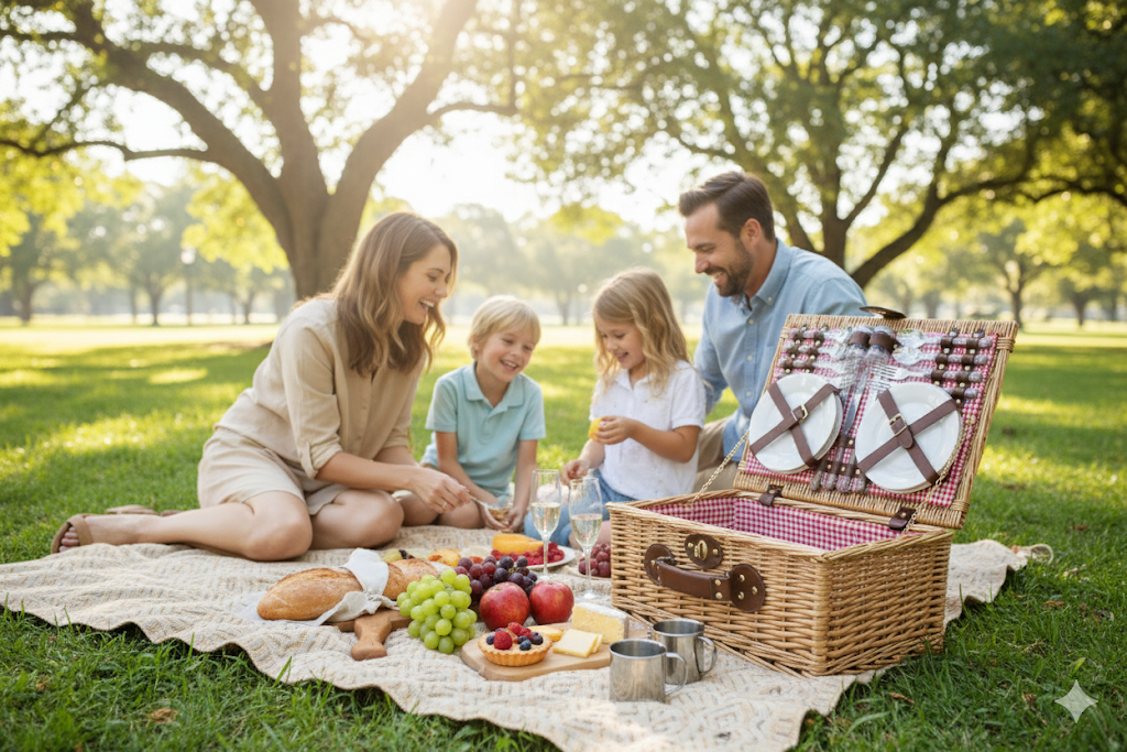 Wicker Picnic Basket Set For Four Gingham Liner