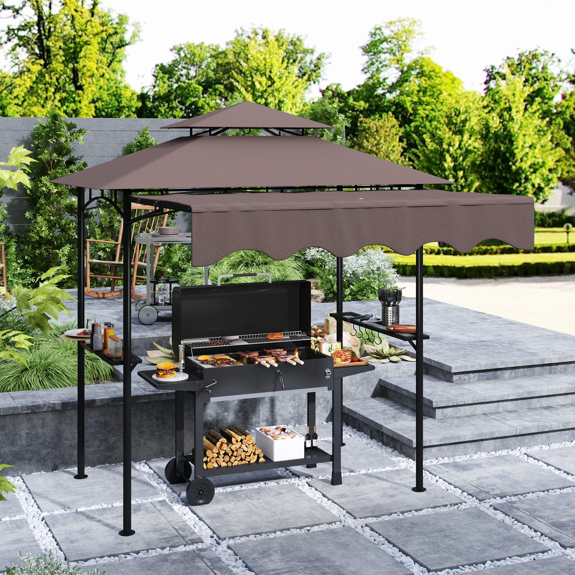 8 x 7.6 Outdoor Grill Gazebo with Side Awning and Shelves