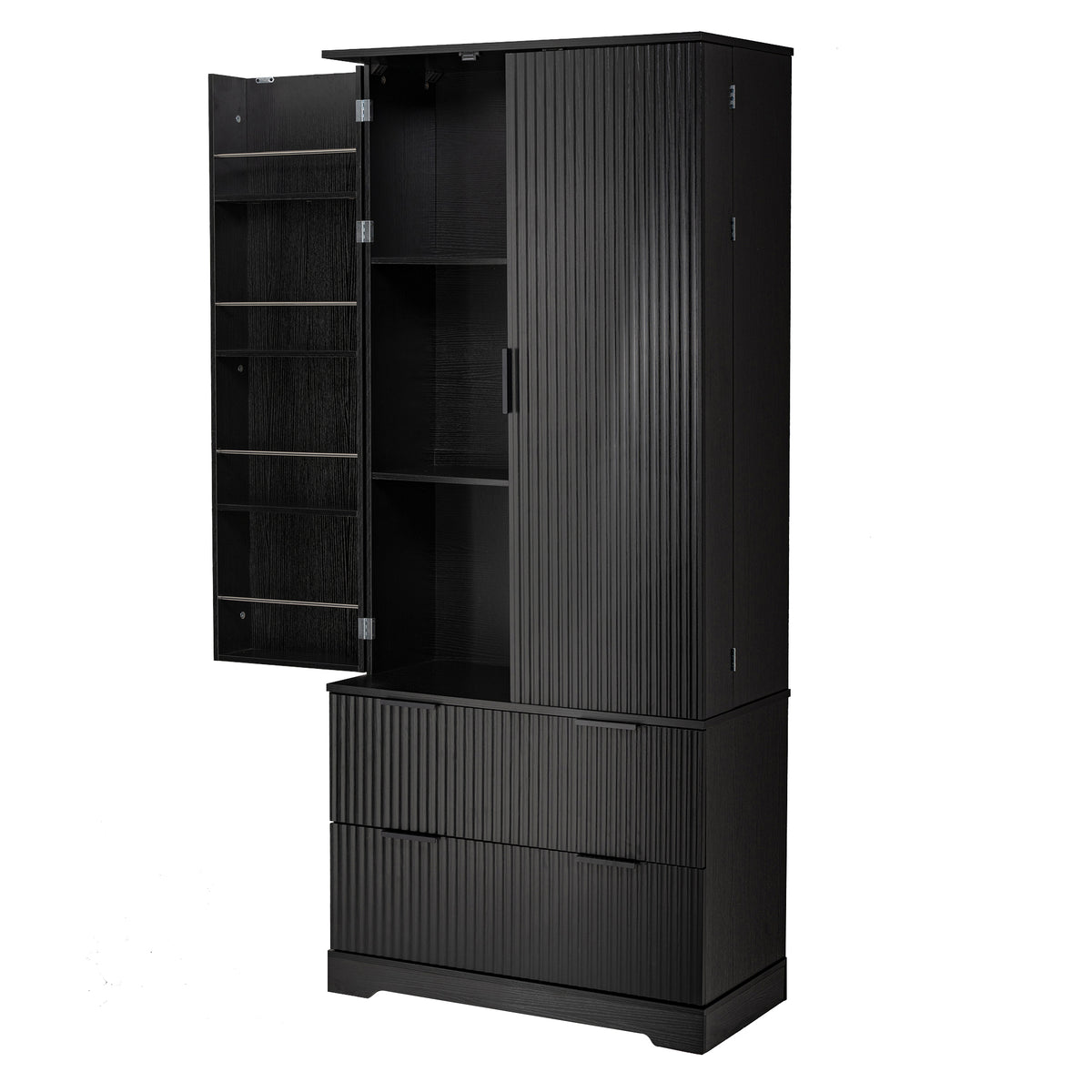 72" Modern Fluted Kitchen Pantry Cabinet With 2 Large Drawers &