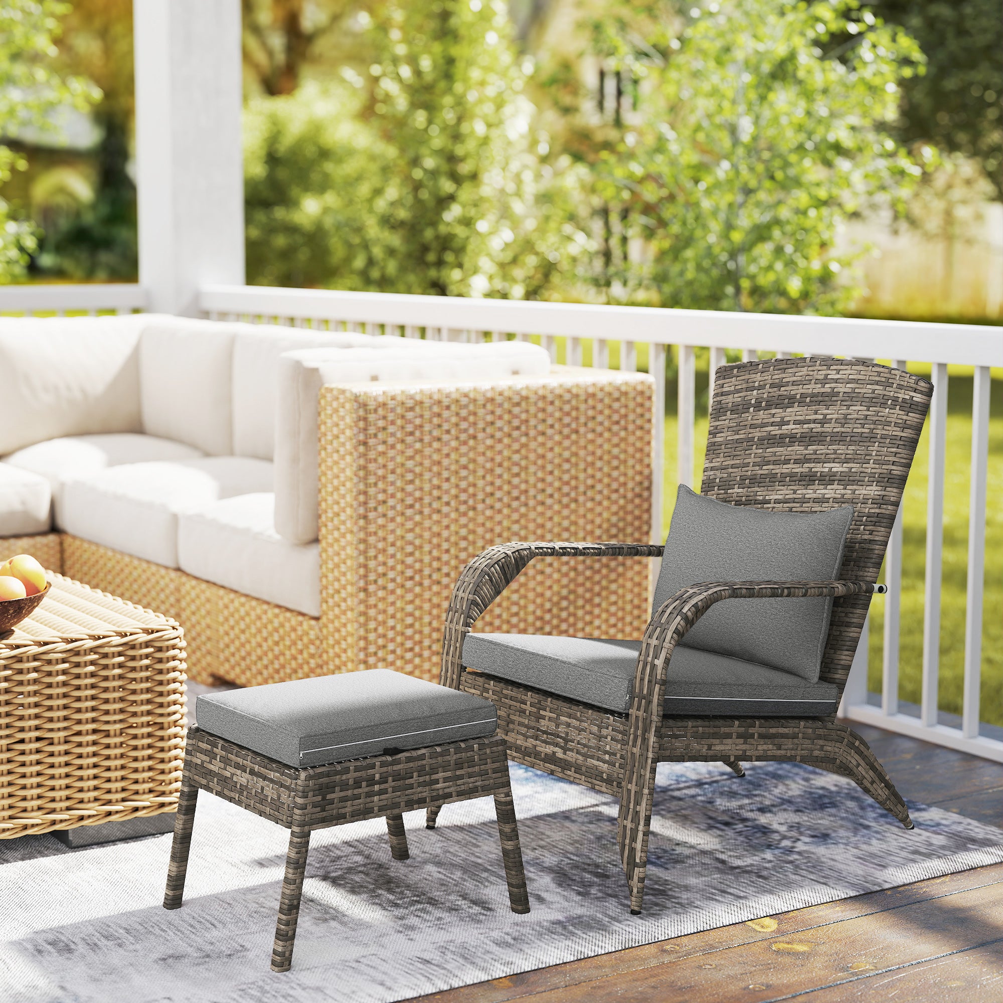 Wicker Adirondack Chair with Ottoman & Cushions Gray