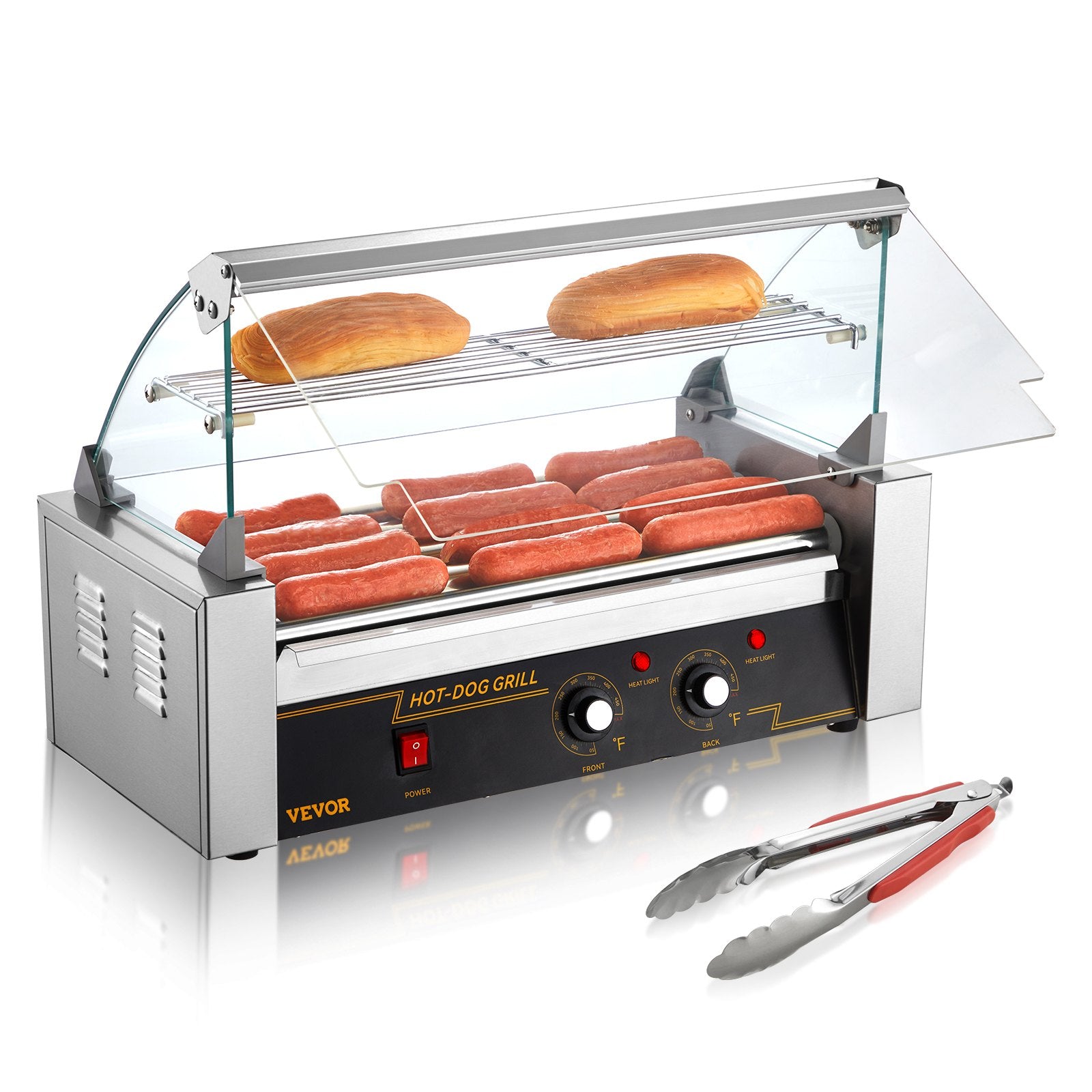 5-Roller Hot Dog Grill with Glass Hood and Bun Warmer