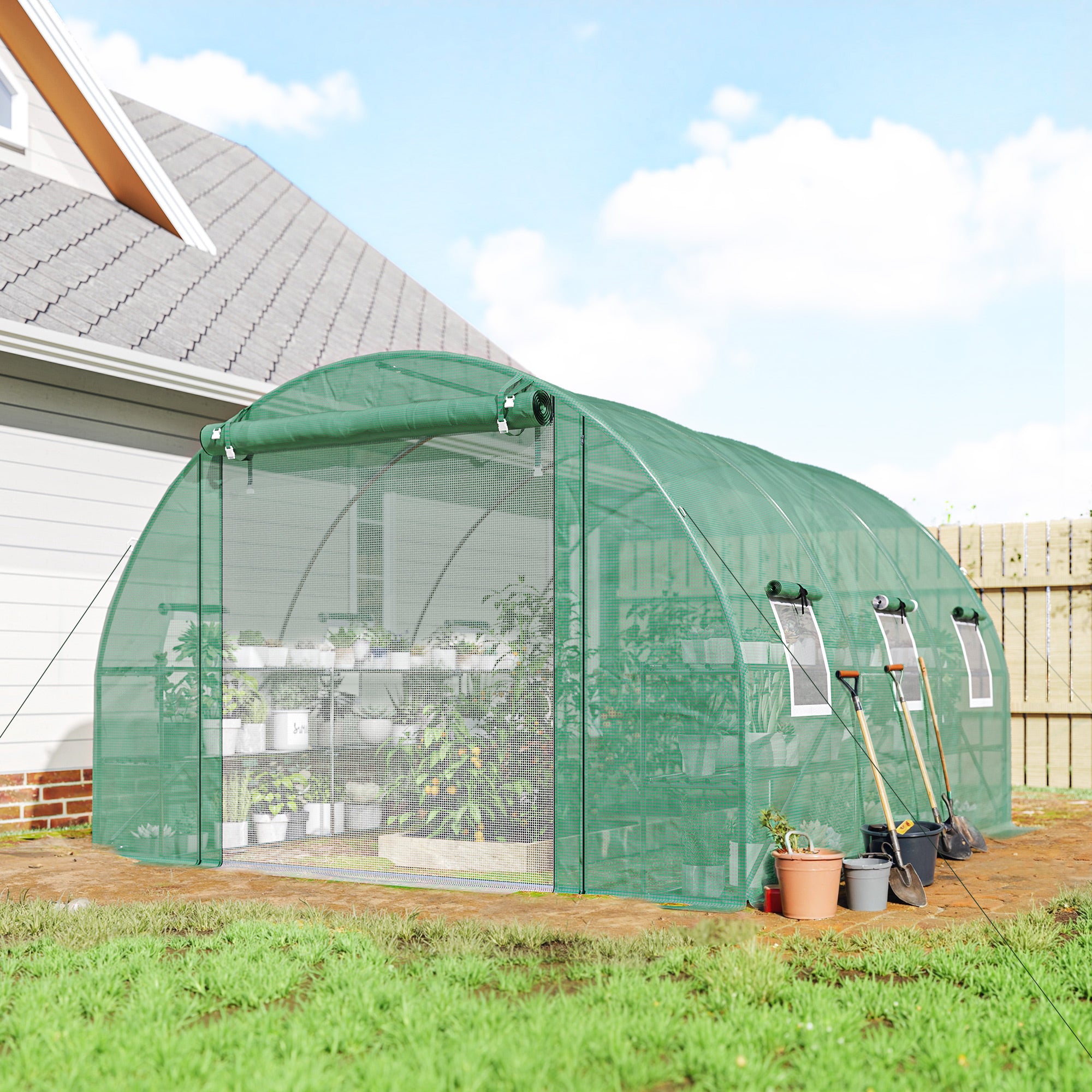 10x11x6 Walk-in Tunnel Greenhouse with Shelves and Mesh Door