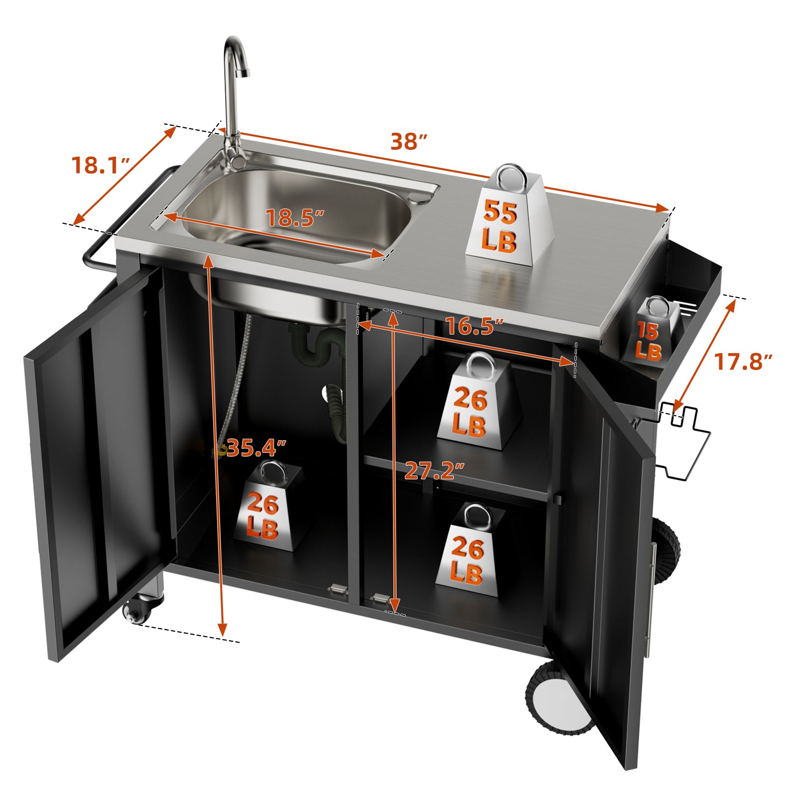 Outdoor Grill Cart with Stainless Steel Sink, 38x18x35in