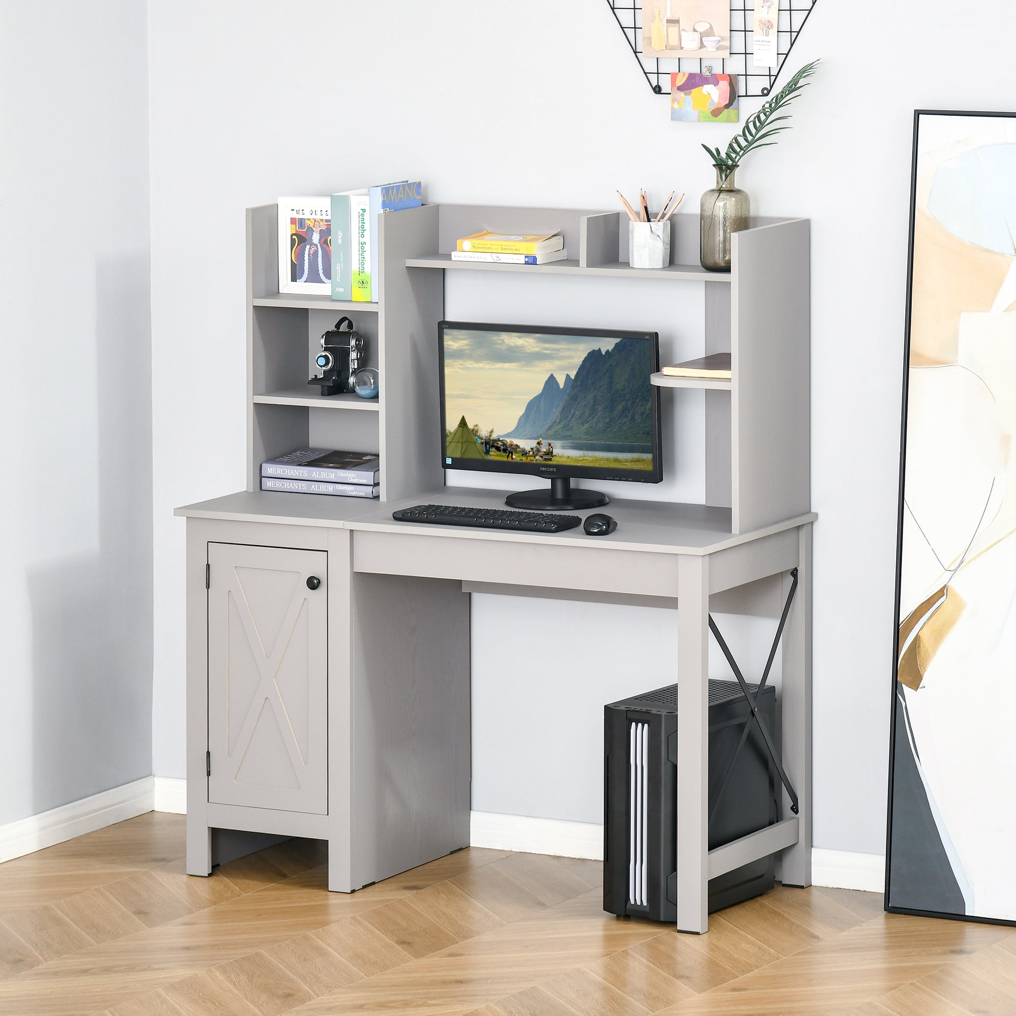 Computer Desk with Hutch and Storage Cabinet Light Grey