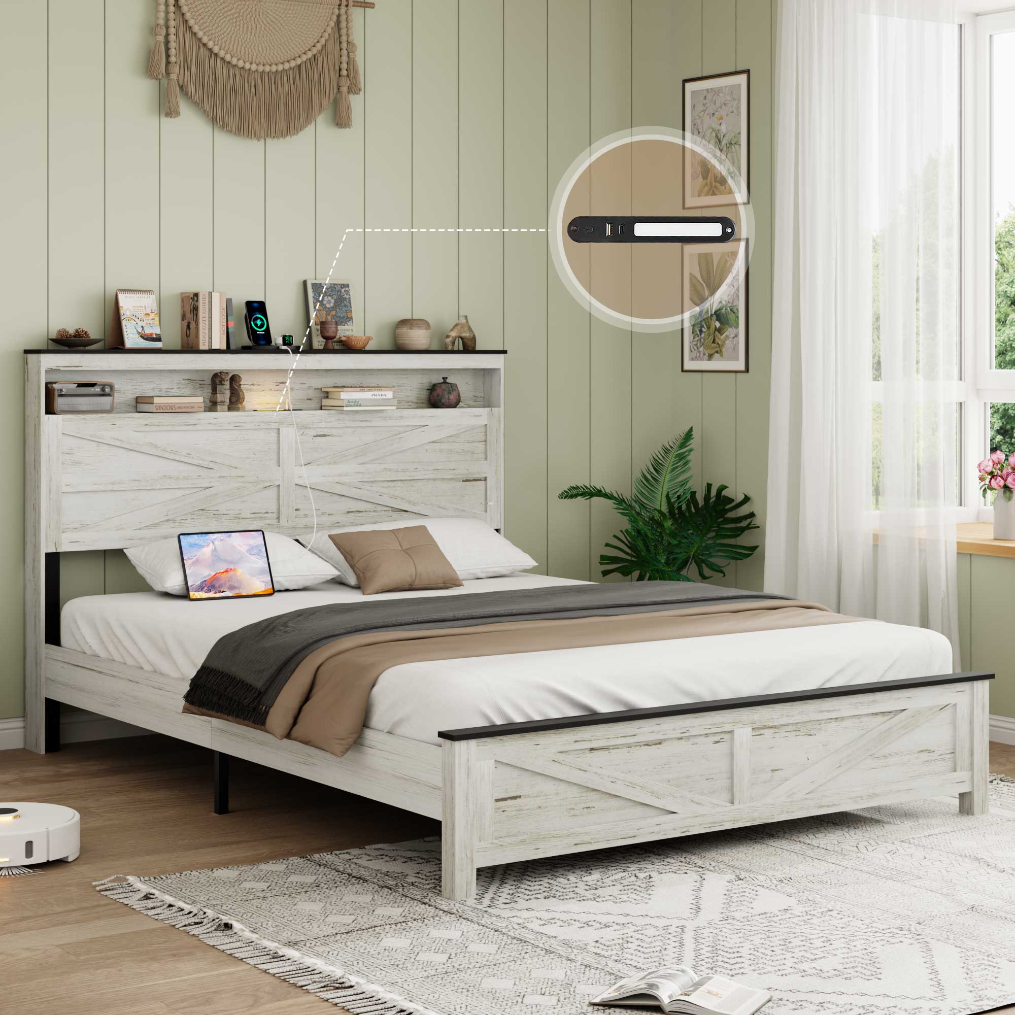 Queen Bed Frame with LED Lights & Charging Station