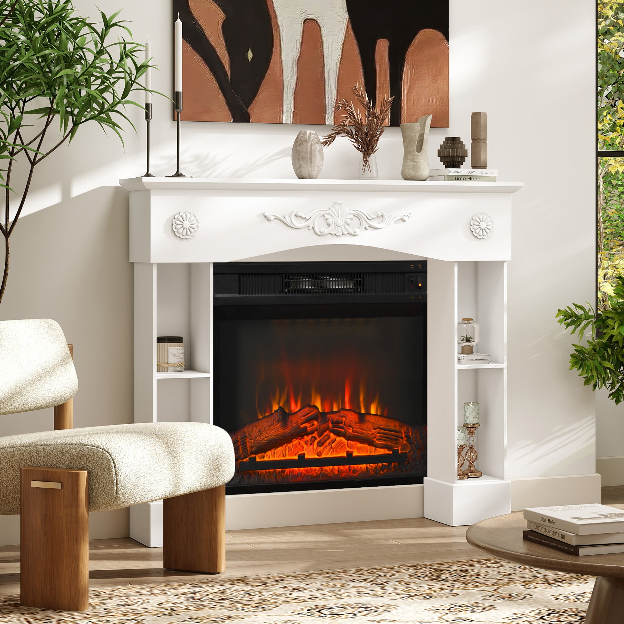 Baroque Freestanding Fireplace Mantel Surround, 45.3" W x 39.4" H, White