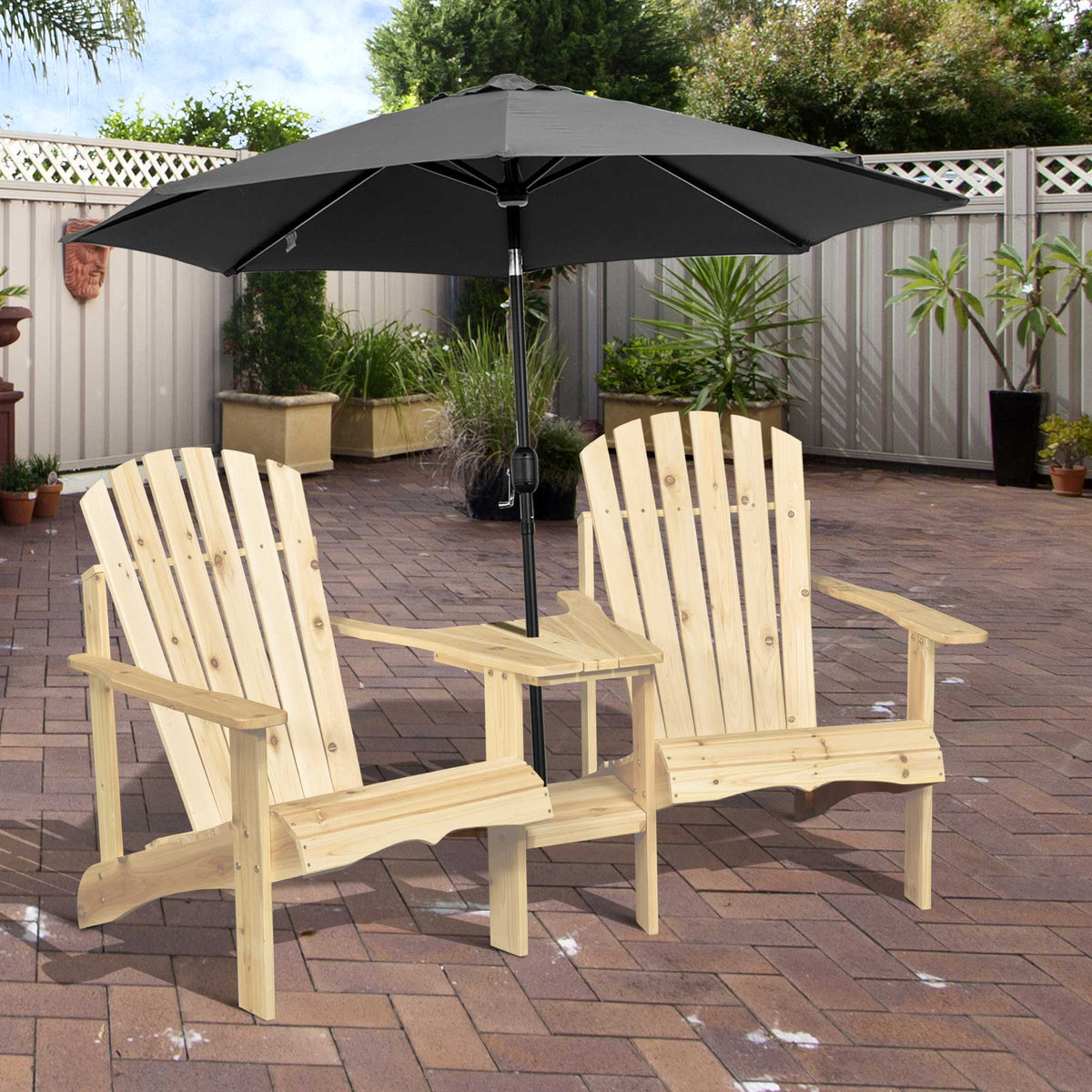 2-Person Adirondack Chair Set with Wooden Bench & Umbrella Hole Table