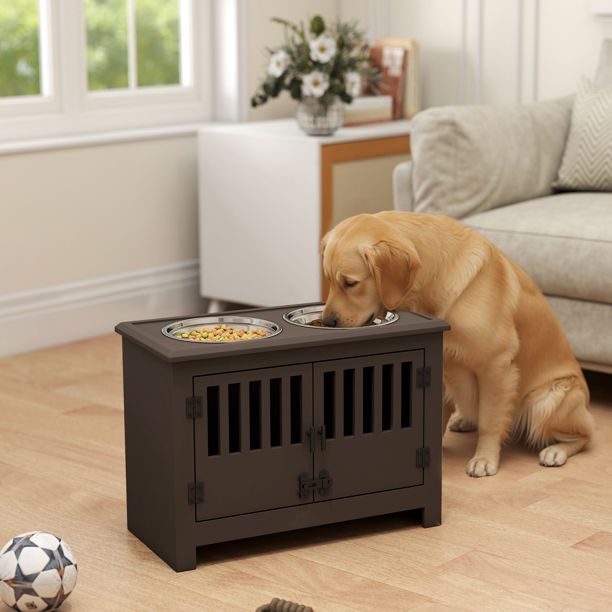Espresso Dog Food Storage Cabinet with Bowls & Feeding Station