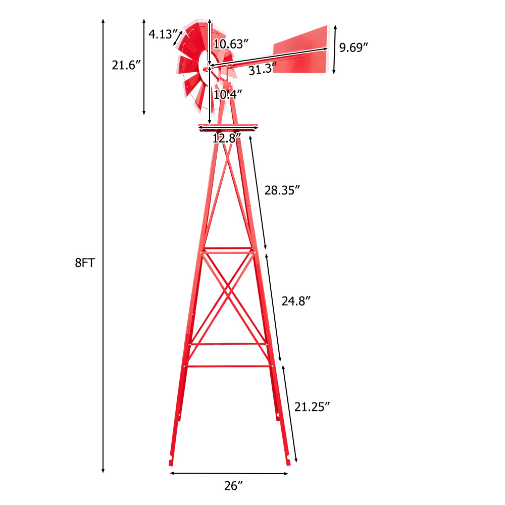 8ft Weather Resistant Yard Garden Windmill Red