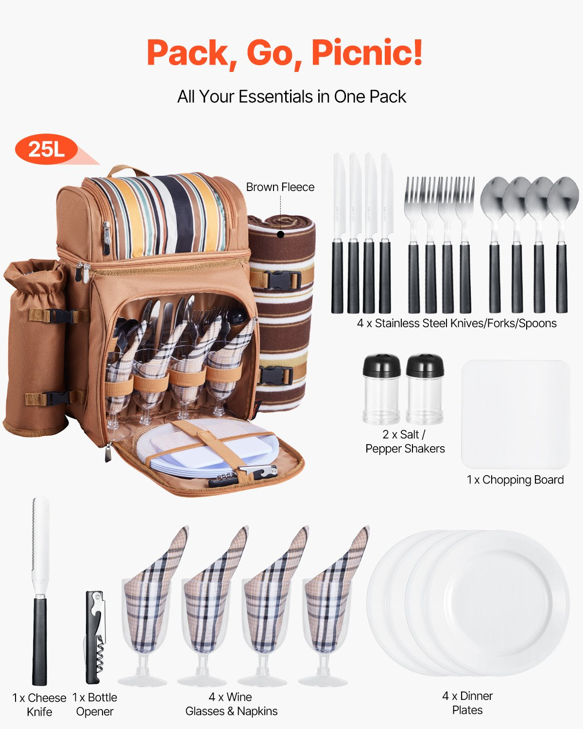 4-Person Picnic Backpack with Cooler Compartment Brown