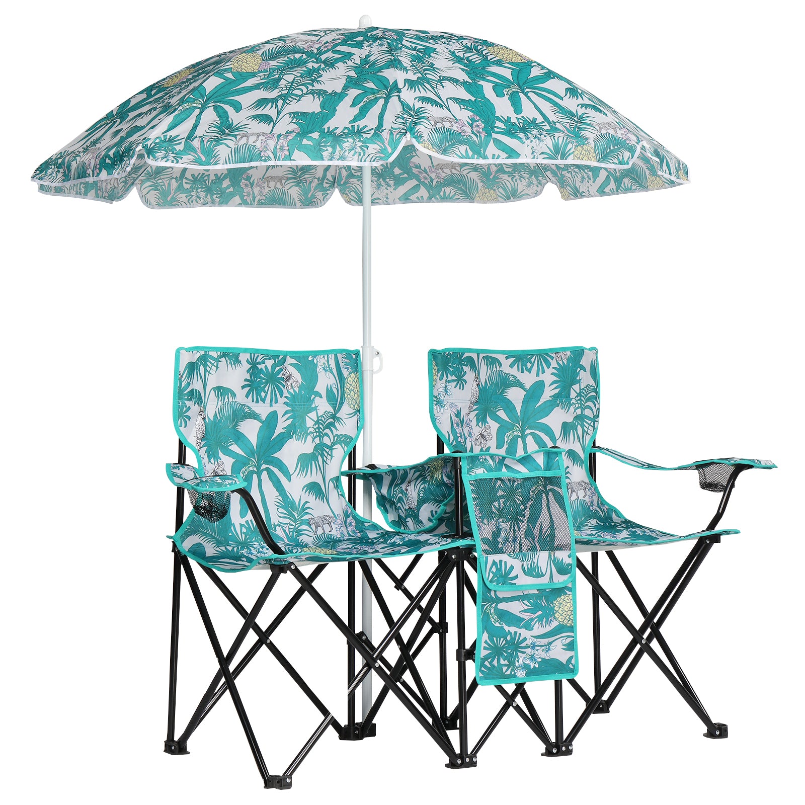 Folding Double Camping Chair with Umbrella & Cooler