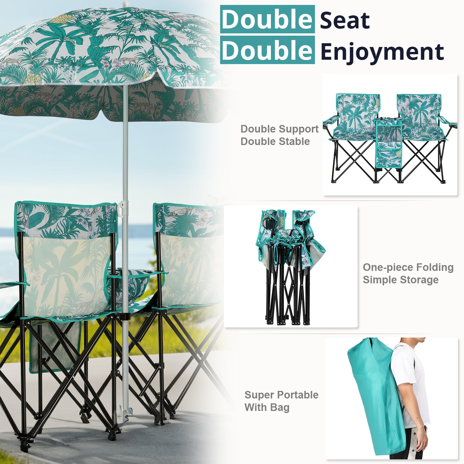 Folding Double Camping Chair with Umbrella & Cooler