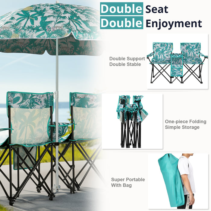 Folding Double Camping Chair with Umbrella & Cooler